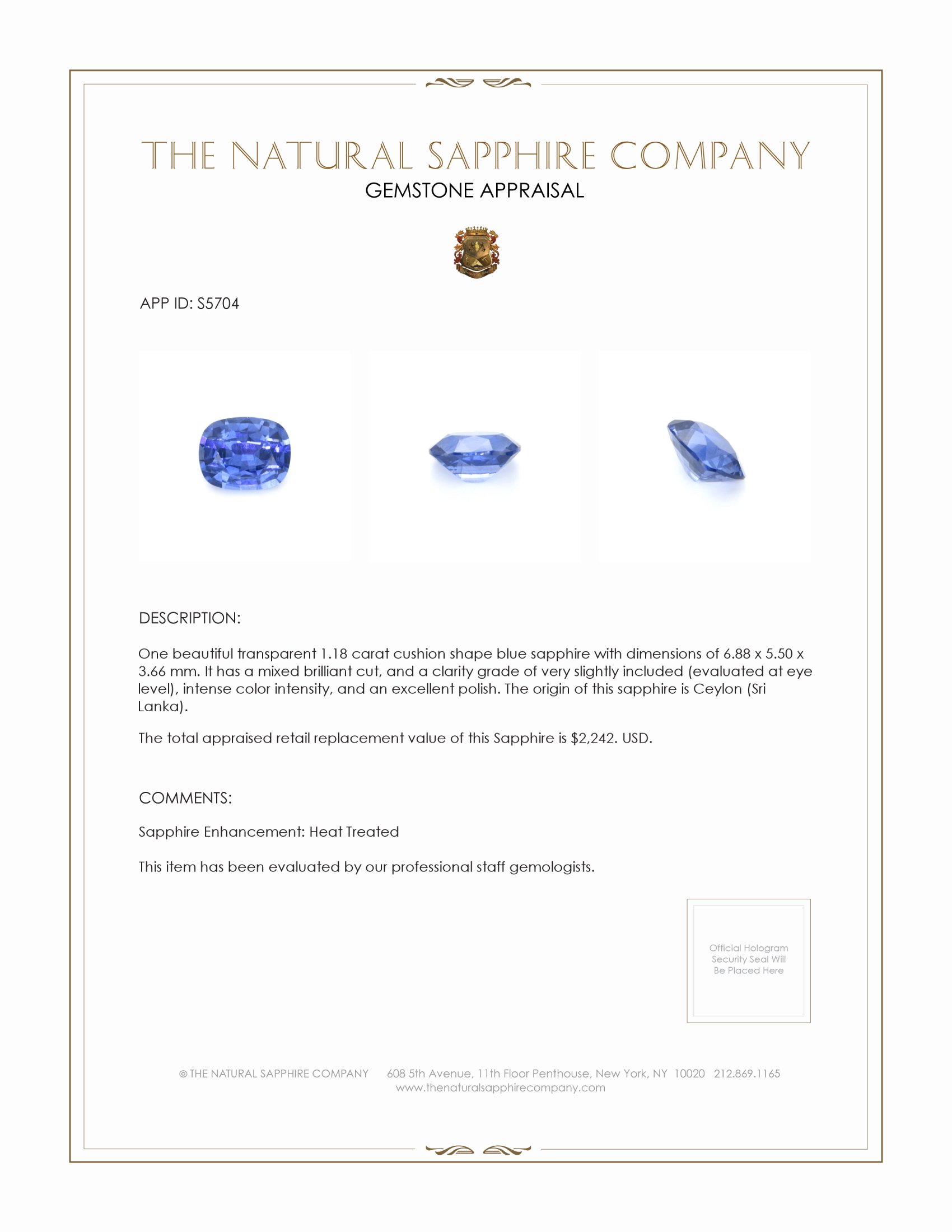 1.18 Ct. Blue Sapphire from Ceylon (Sri Lanka)
