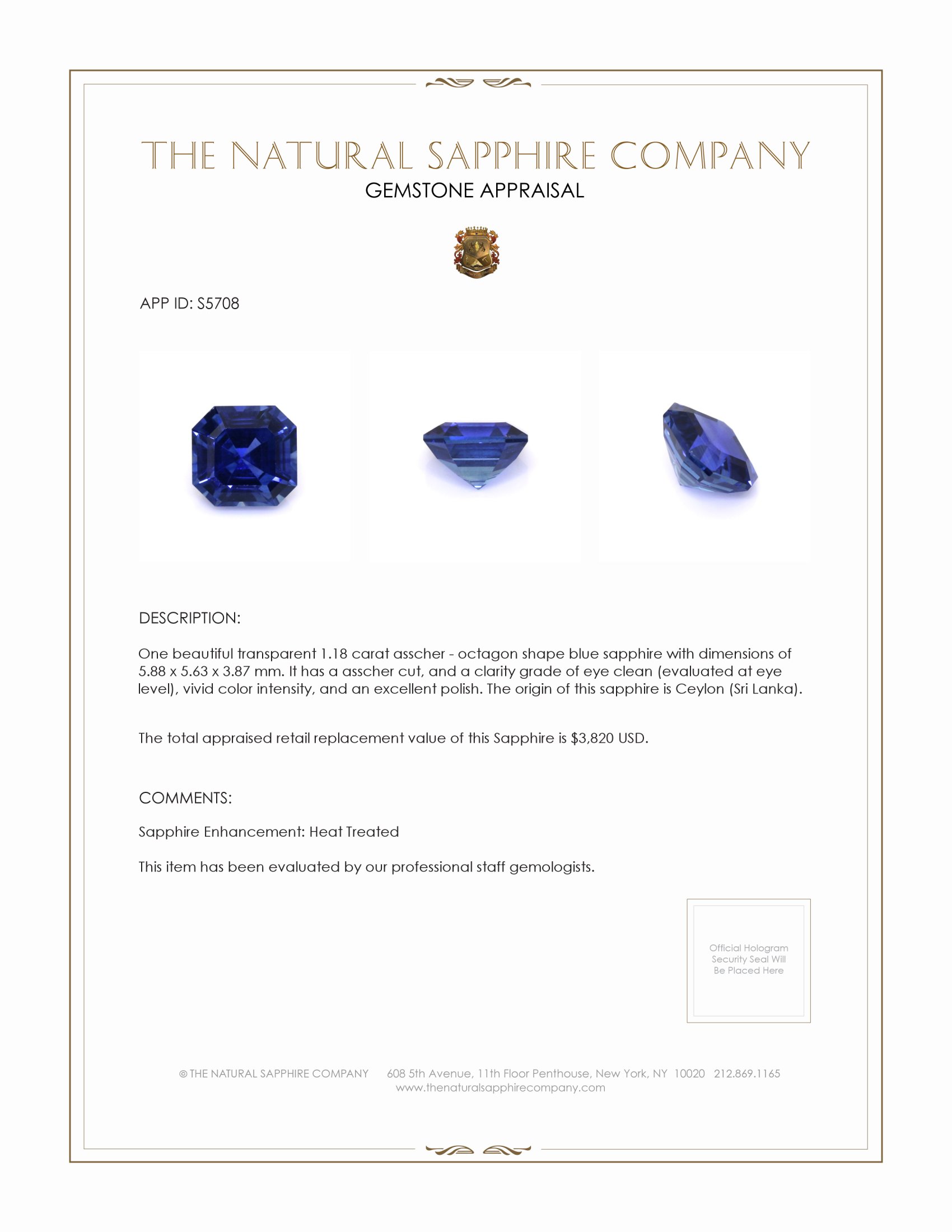 1.18 Ct. Blue Sapphire from Ceylon (Sri Lanka)