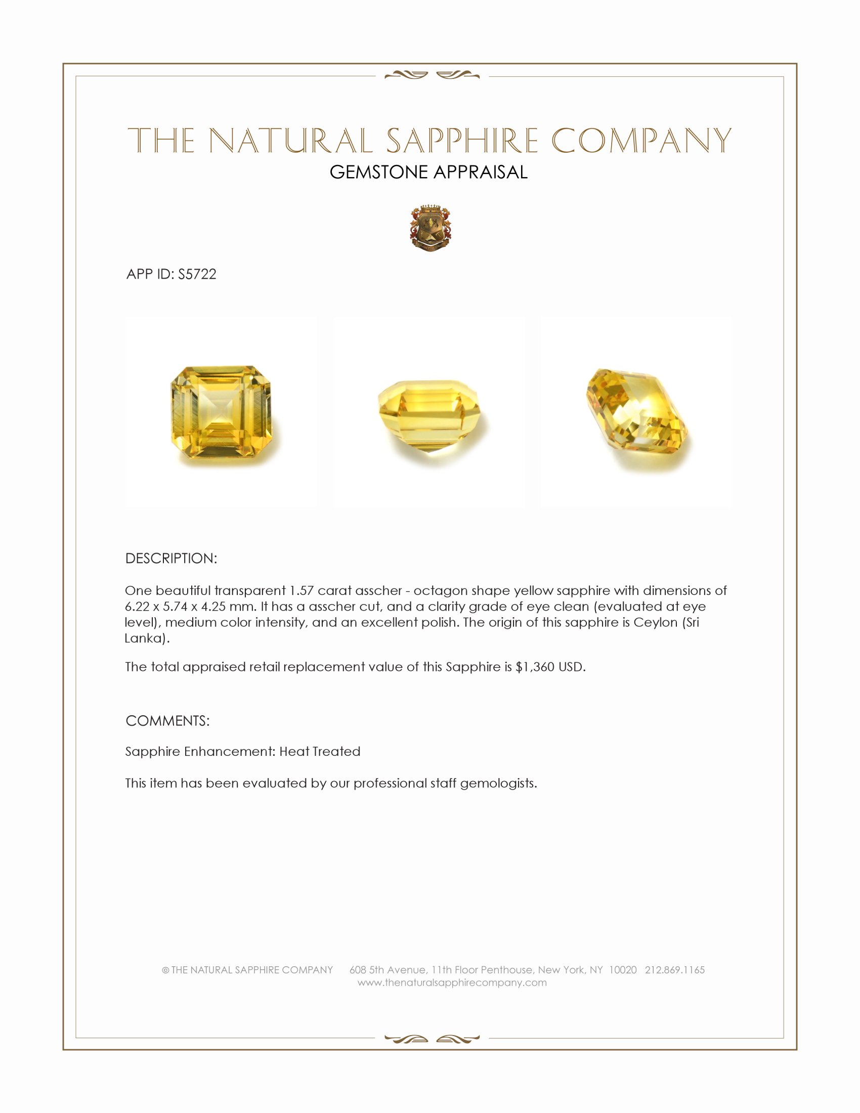 1.57 Ct. Yellow Sapphire from Ceylon (Sri Lanka)