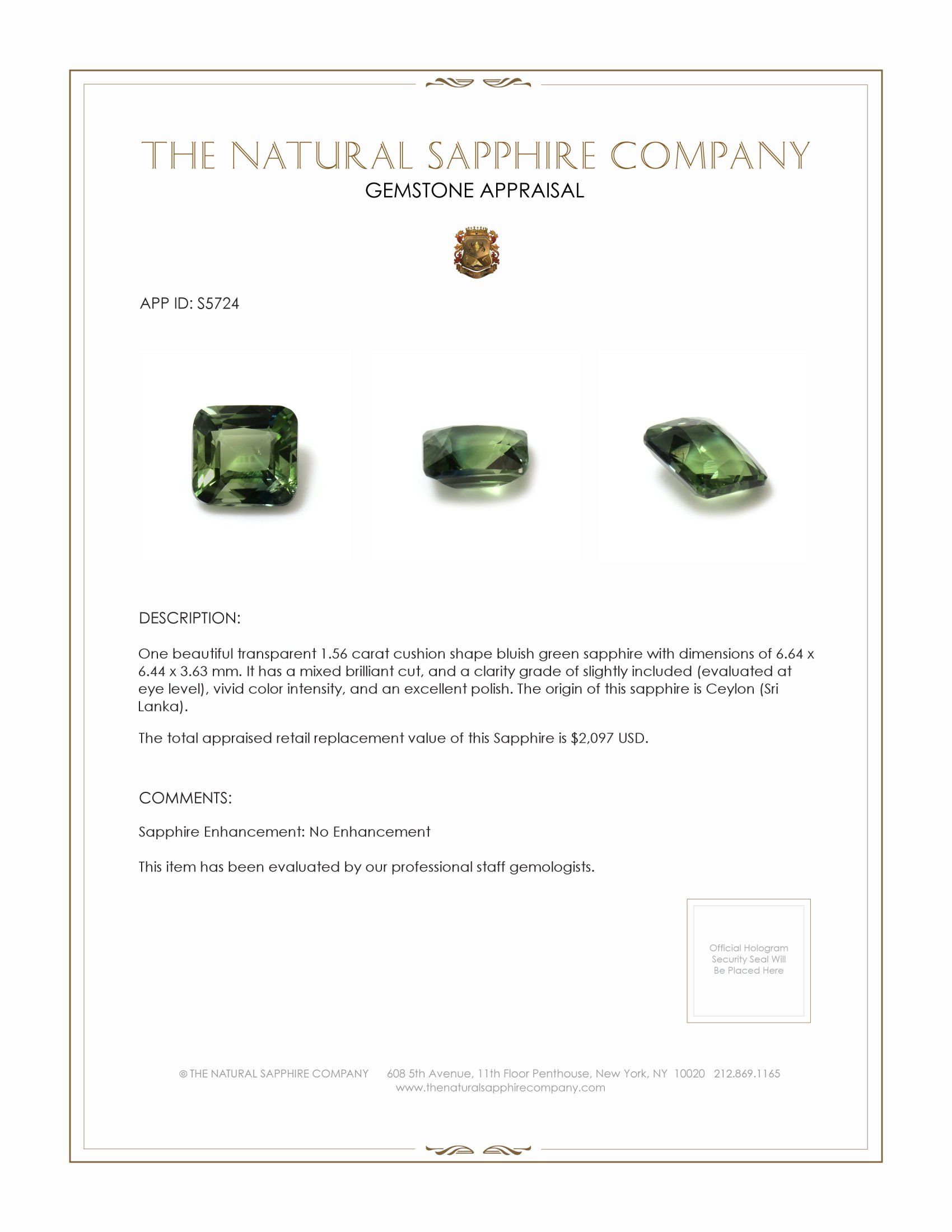 1.56 Ct. Bluish Green Sapphire from Ceylon (Sri Lanka)