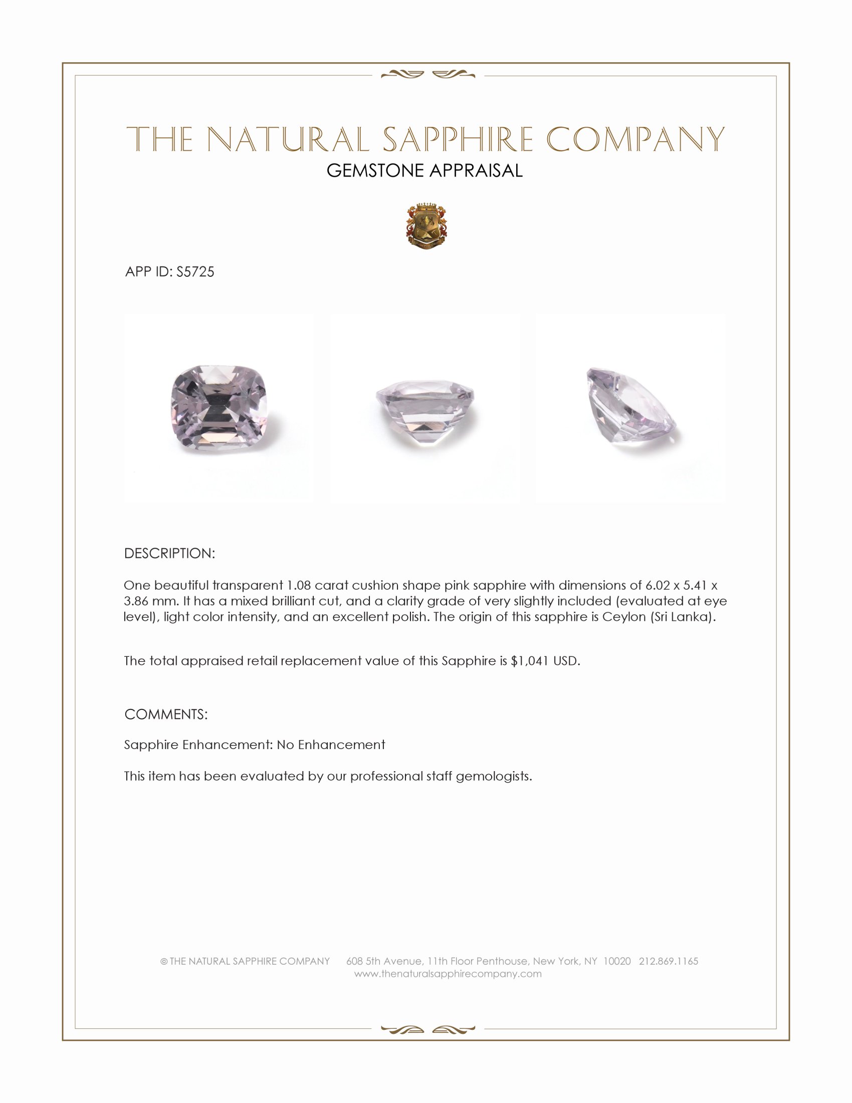 1.08 Ct. Pink Sapphire from Ceylon (Sri Lanka)