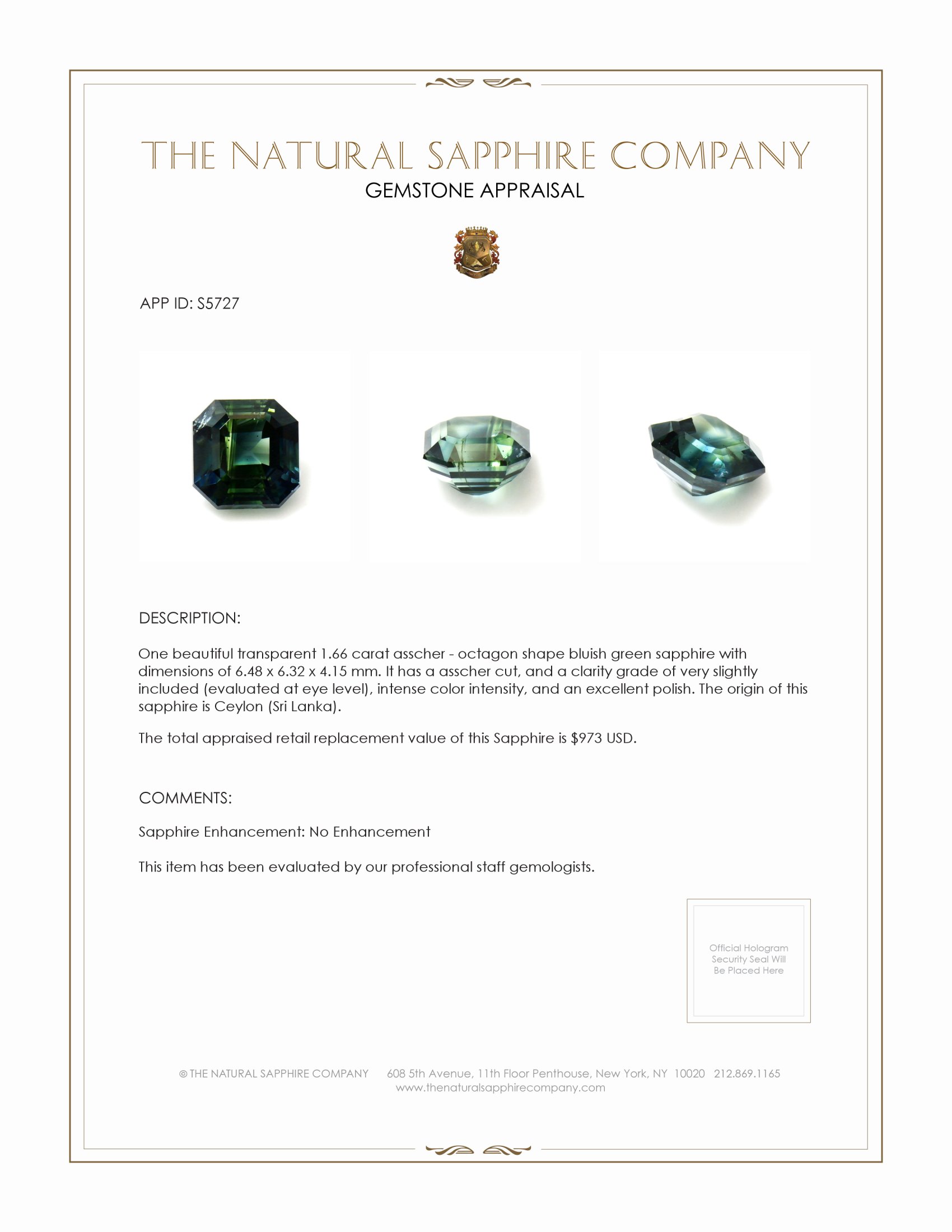 1.66 Ct. Bluish Green Sapphire from Ceylon (Sri Lanka)
