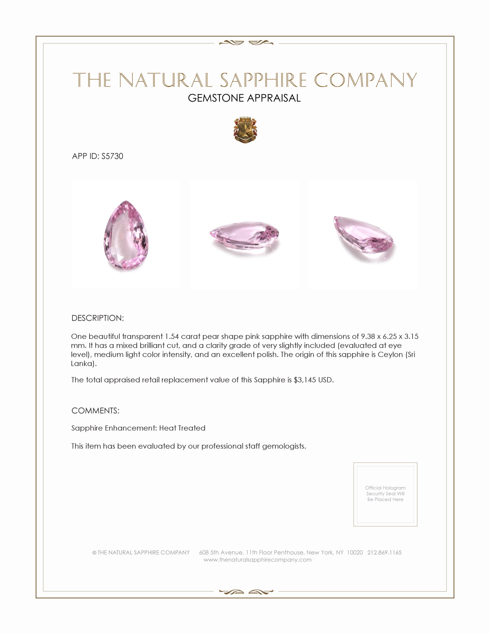 1.54 Ct. Pink Sapphire from Ceylon (Sri Lanka)