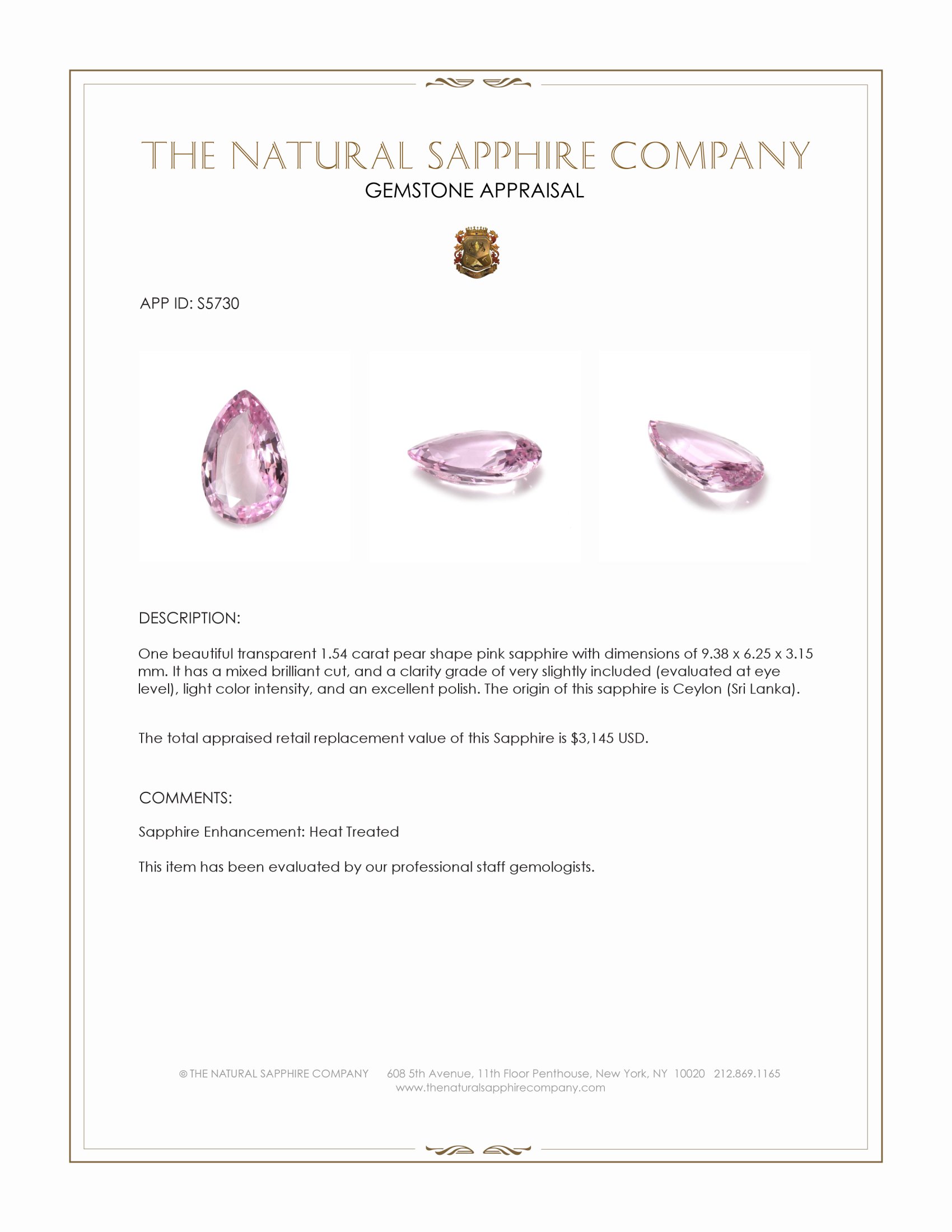 1.54 Ct. Pink Sapphire from Ceylon (Sri Lanka)