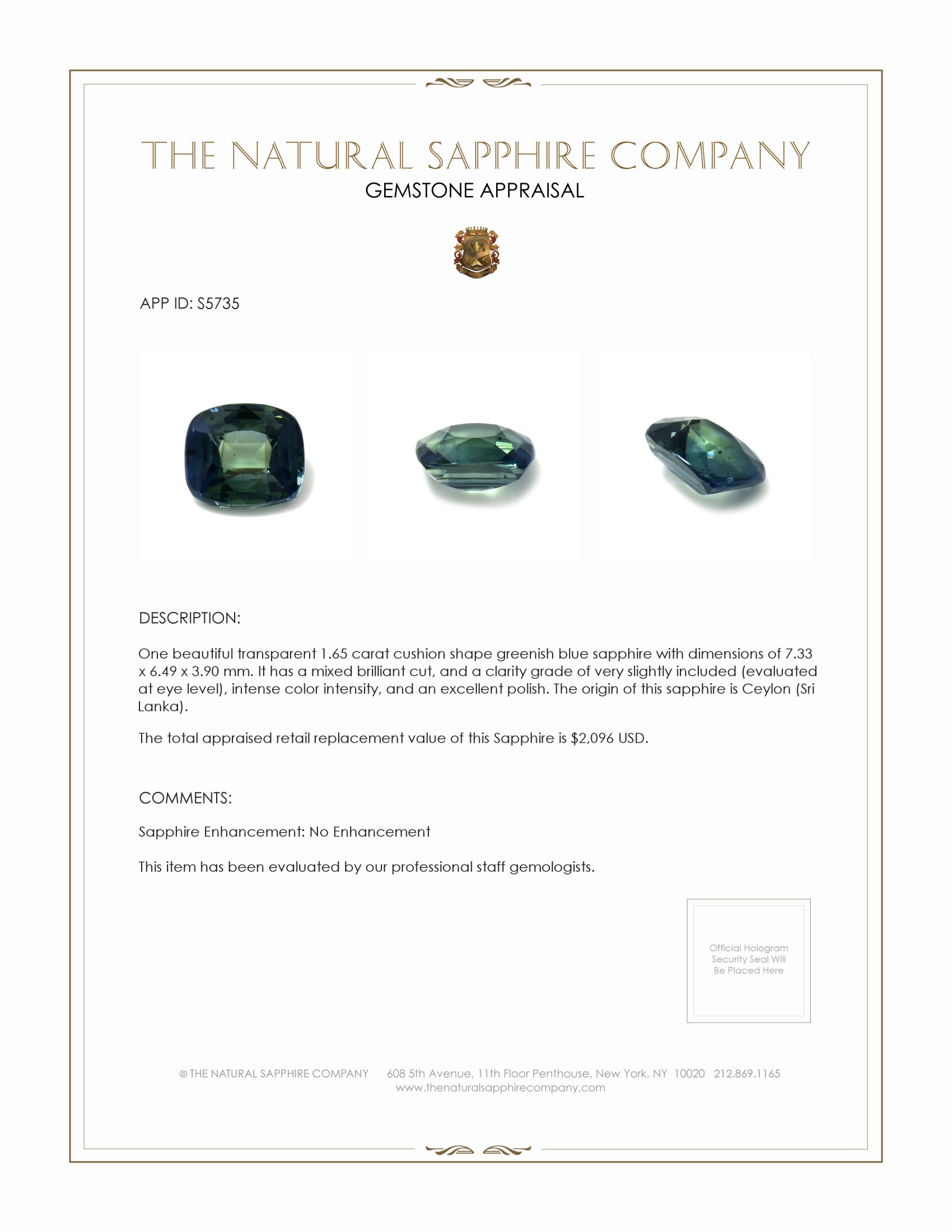 1.65 Ct. Greenish Blue Sapphire from Ceylon (Sri Lanka)