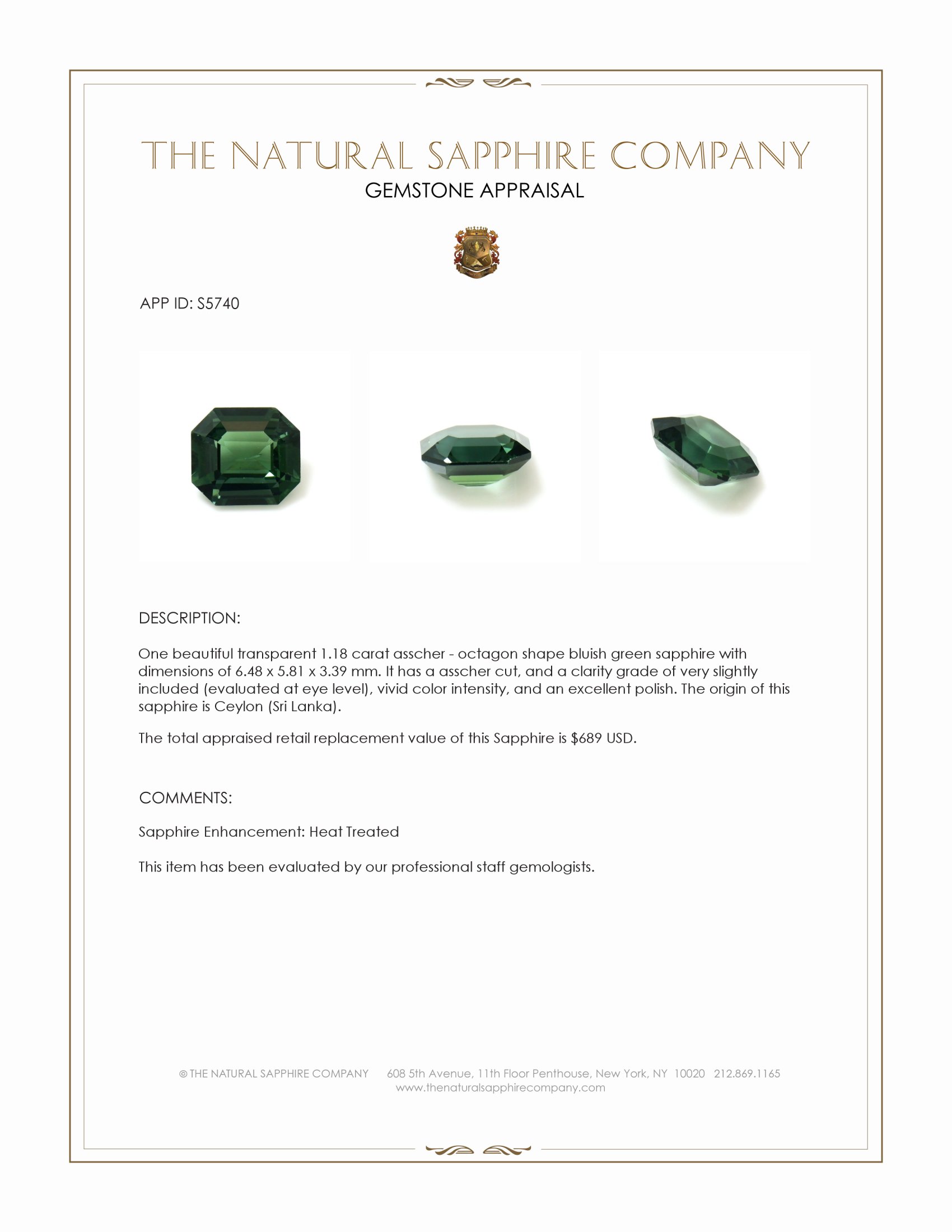 1.18 Ct. Bluish Green Sapphire from Ceylon (Sri Lanka)