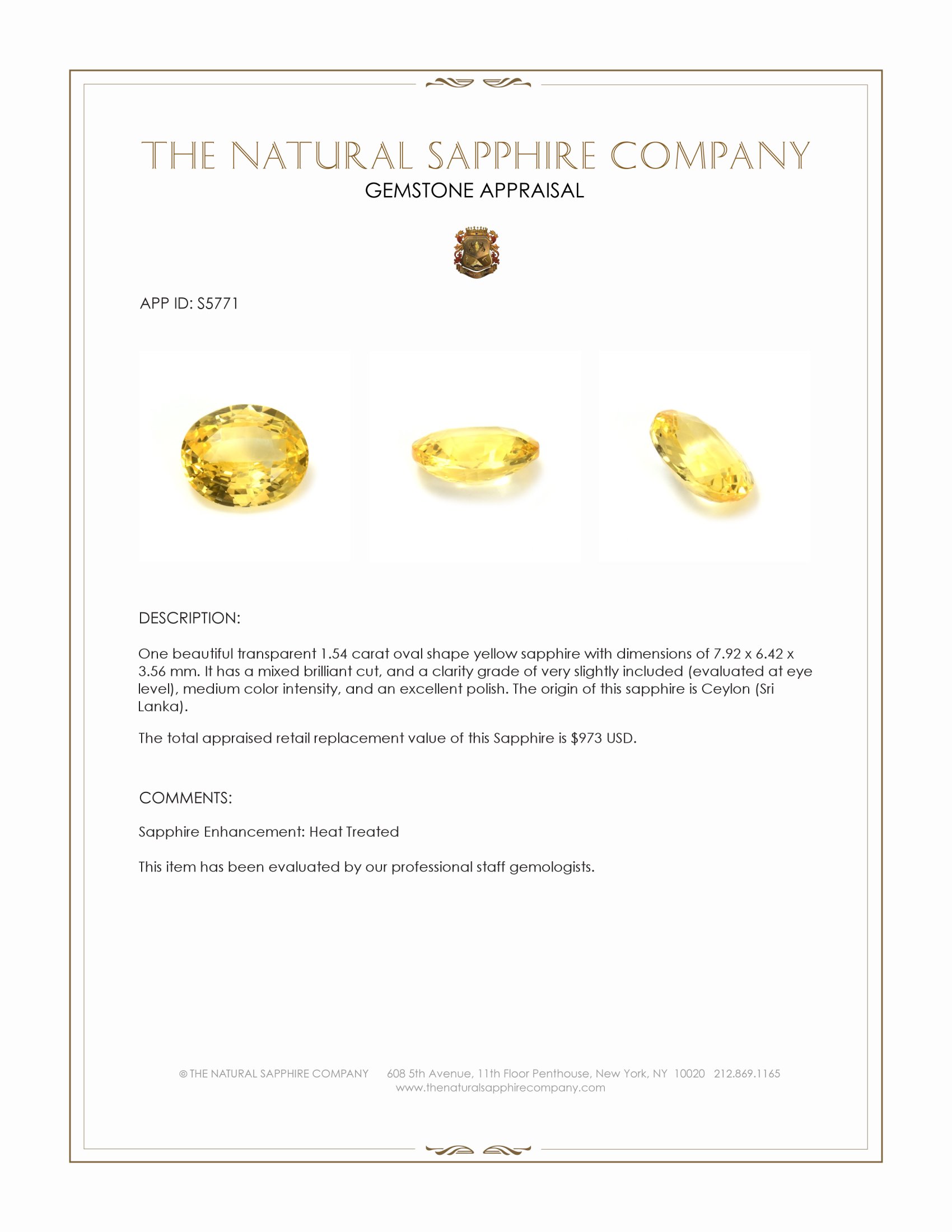 1.54 Ct. Yellow Sapphire from Ceylon (Sri Lanka)