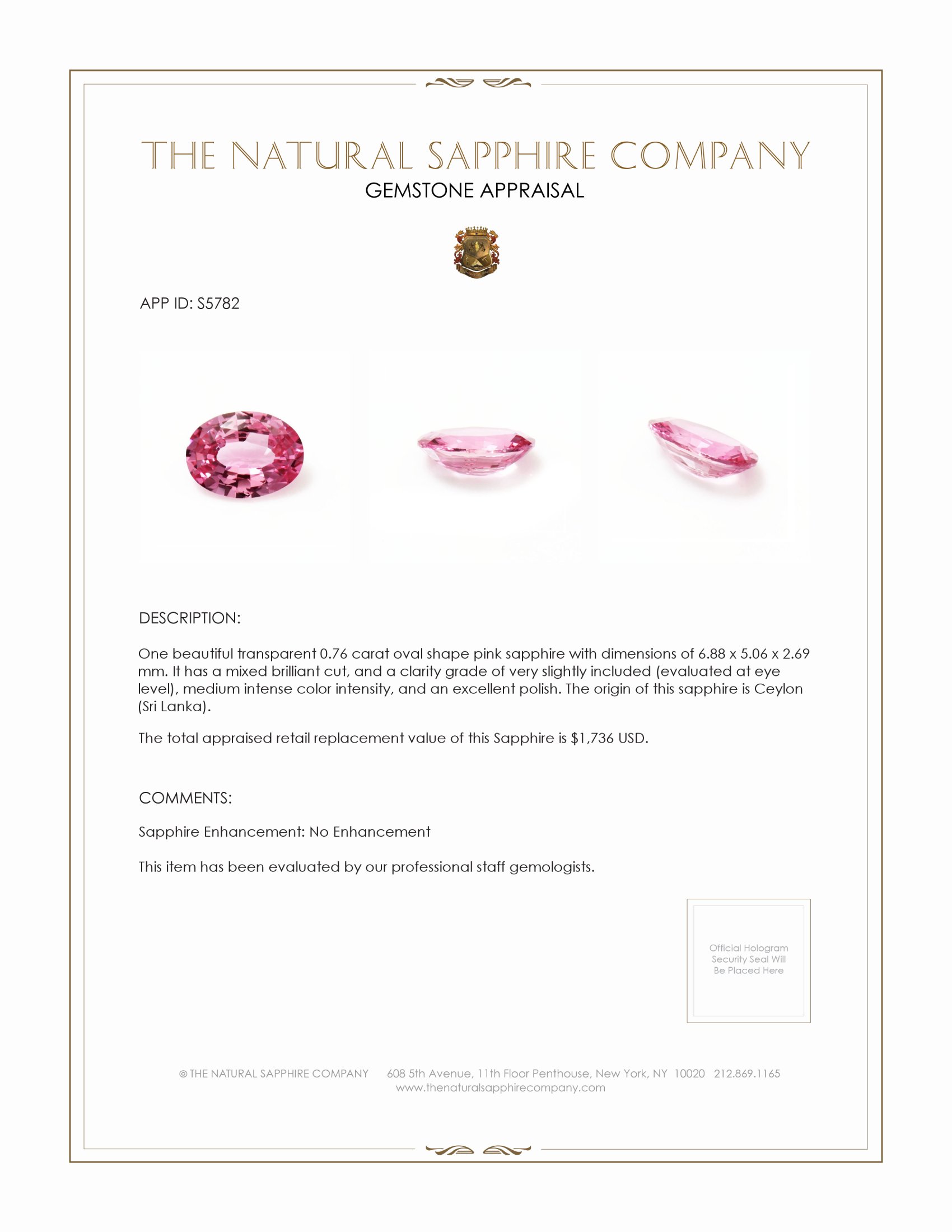 0.76 Ct. Pink Sapphire from Ceylon (Sri Lanka)