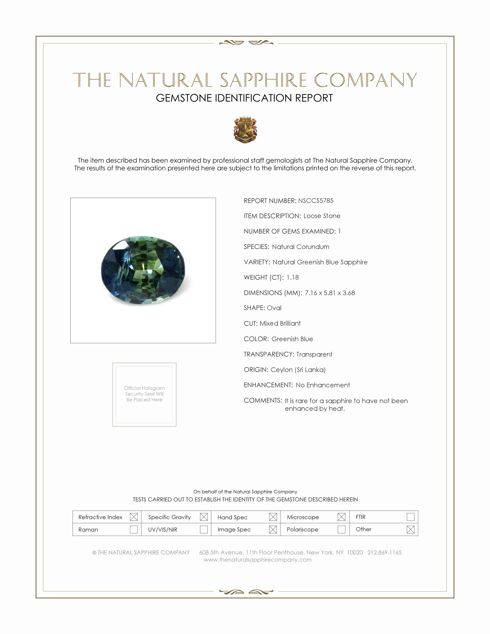 1.18 Ct. Greenish Blue Sapphire from Ceylon (Sri Lanka)