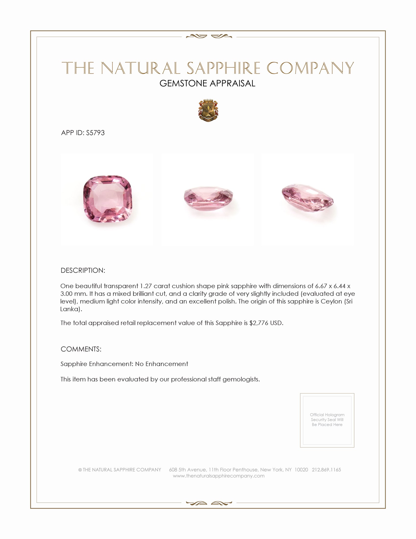 1.27 Ct. Pink Sapphire from Ceylon (Sri Lanka)