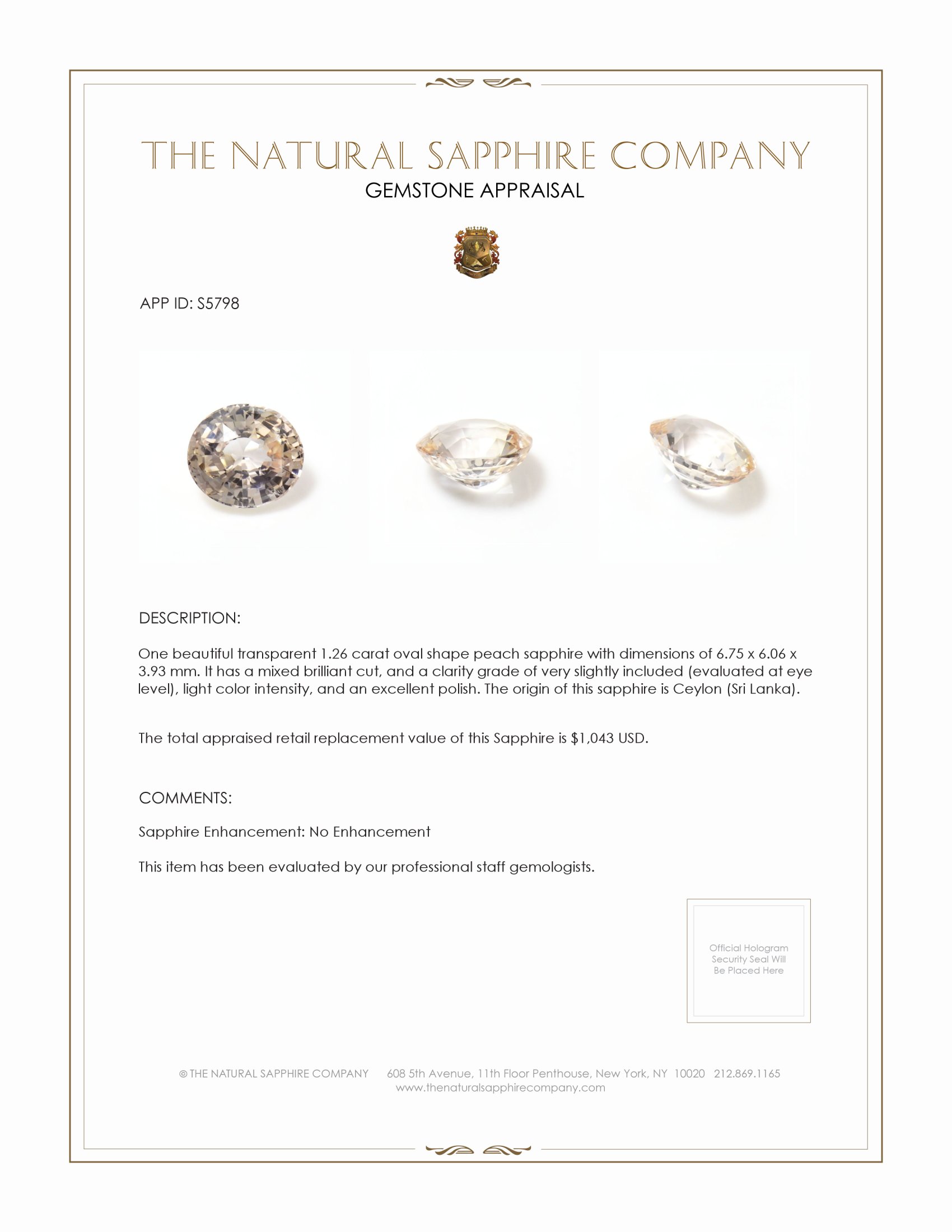 1.26 Ct. Peach Sapphire from Ceylon (Sri Lanka)