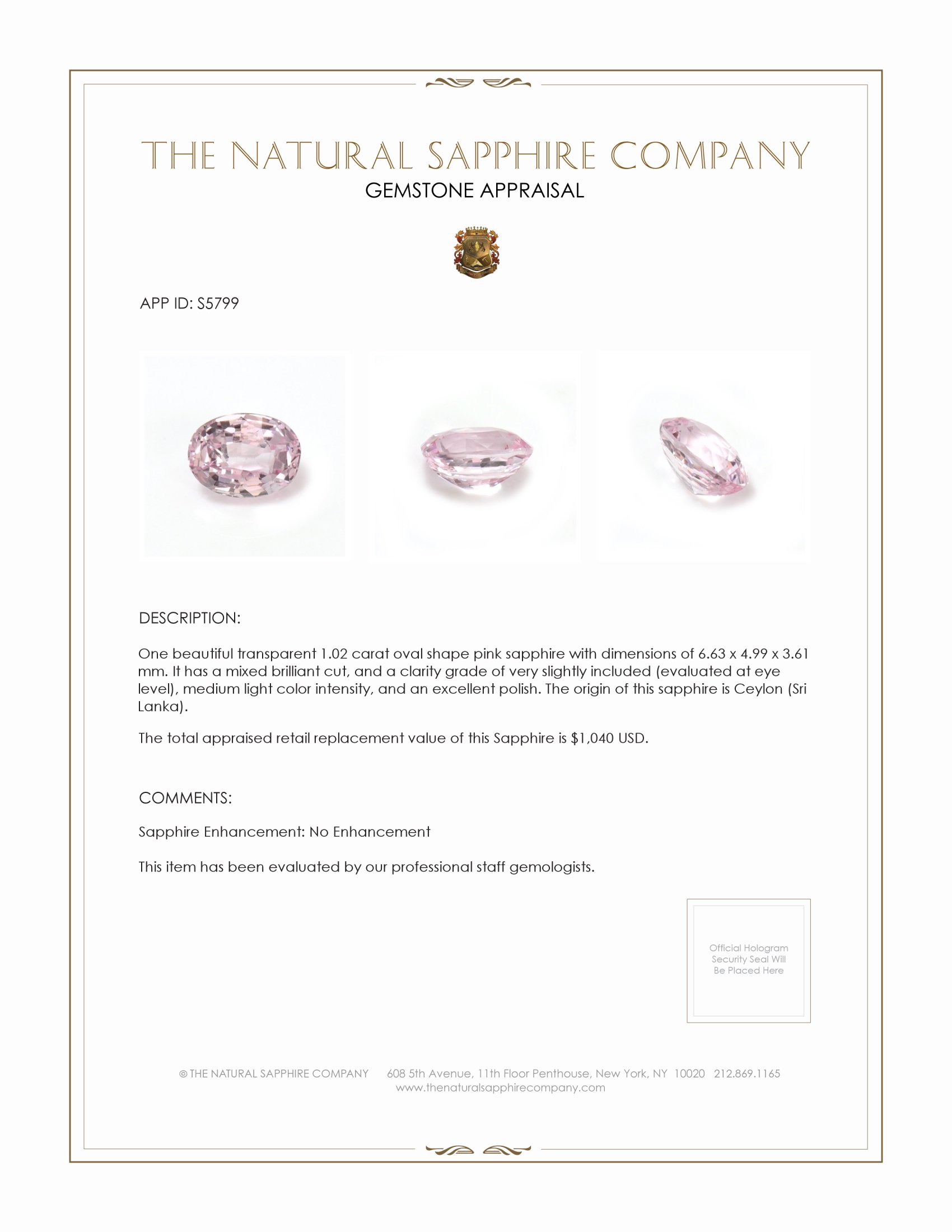 1.02 Ct. Pink Sapphire from Ceylon (Sri Lanka)