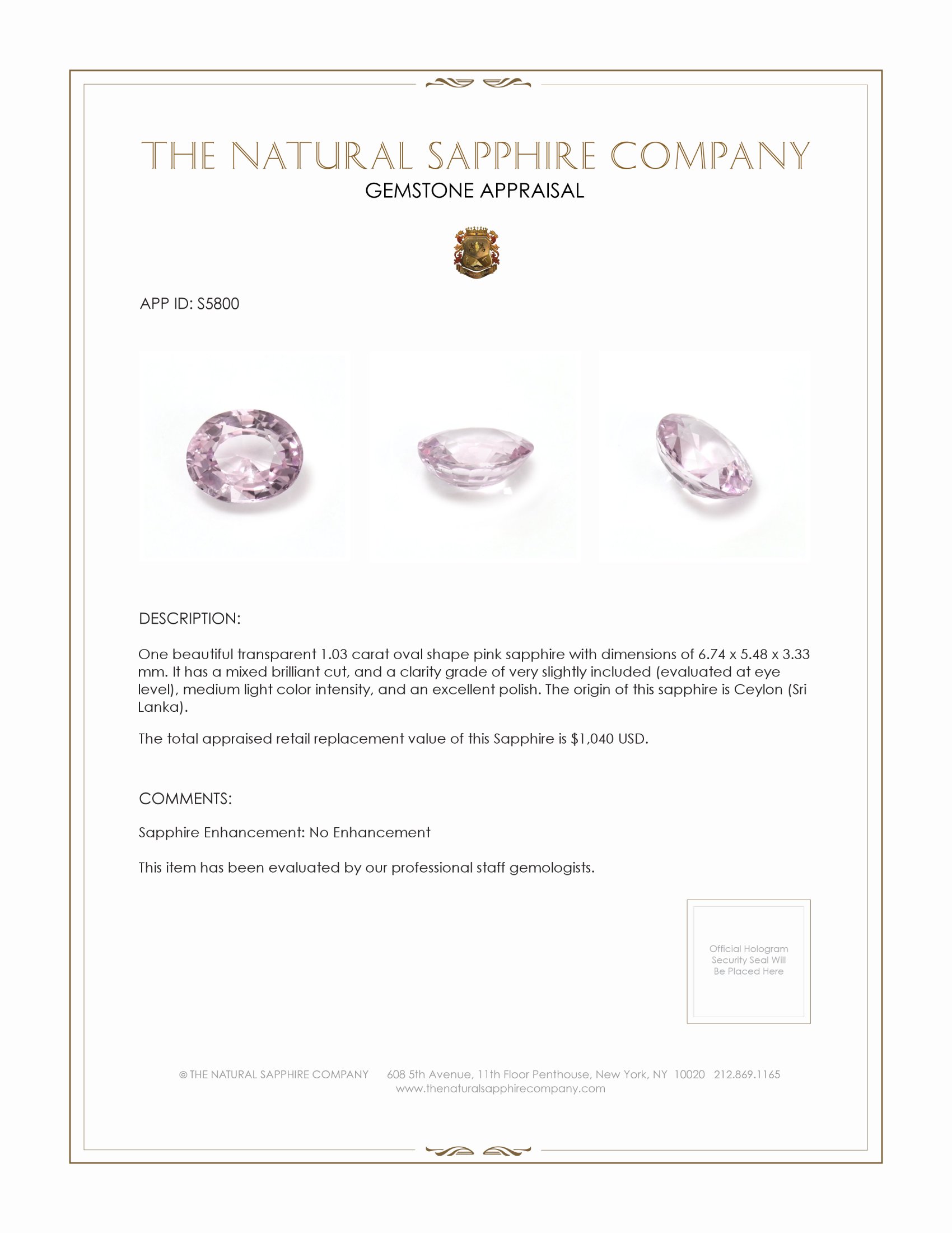 1.03 Ct. Pink Sapphire from Ceylon (Sri Lanka)