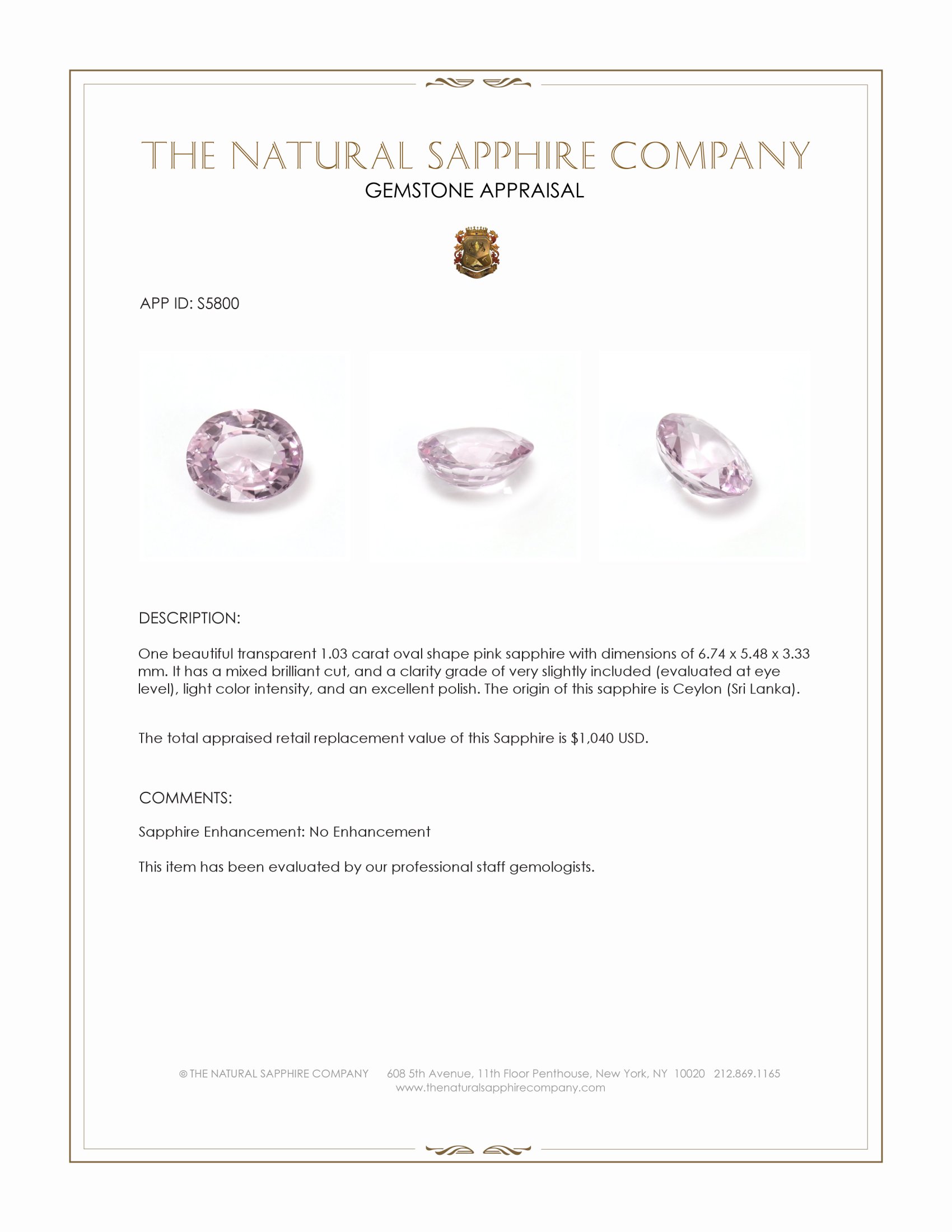 1.03 Ct. Pink Sapphire from Ceylon (Sri Lanka)
