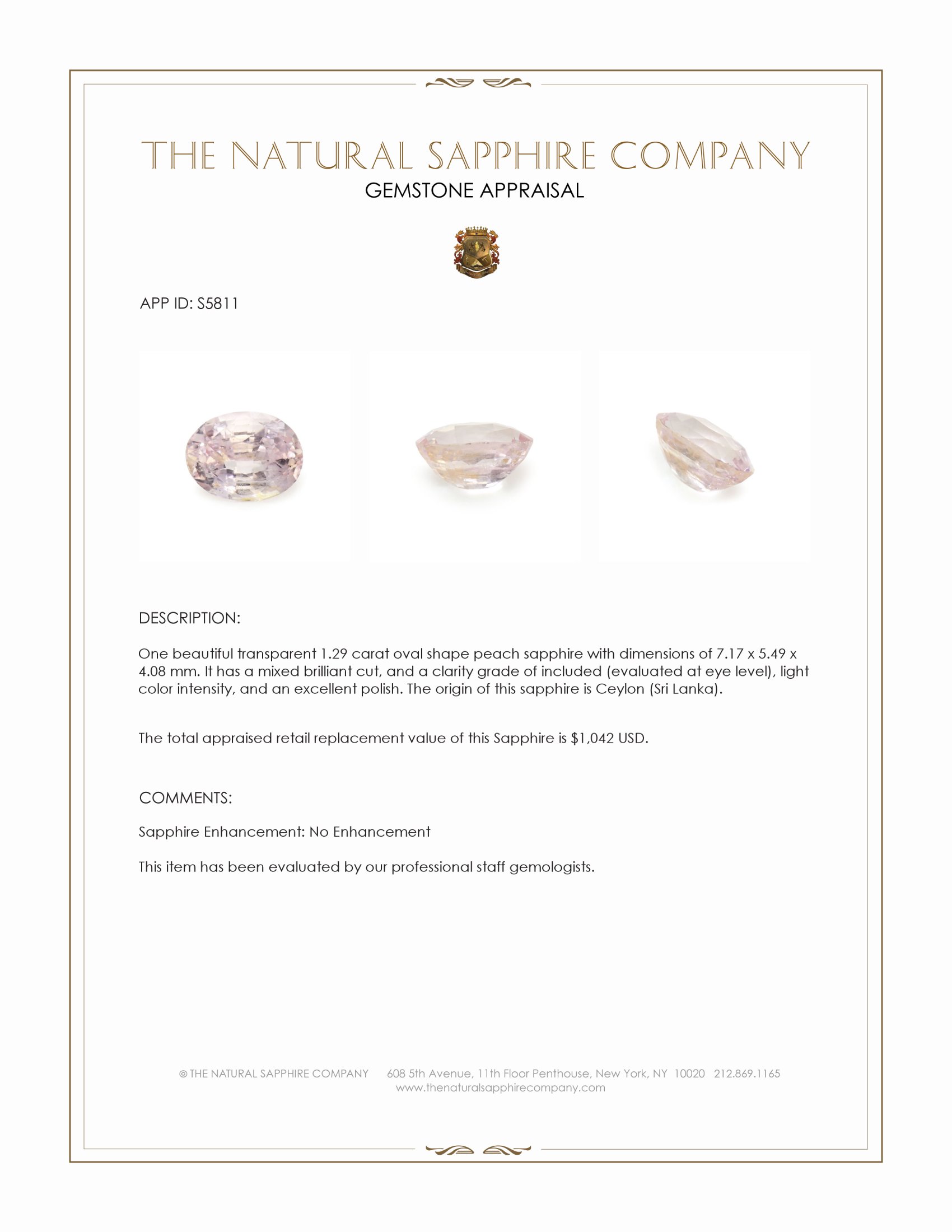 1.29 Ct. Peach Sapphire from Ceylon (Sri Lanka)