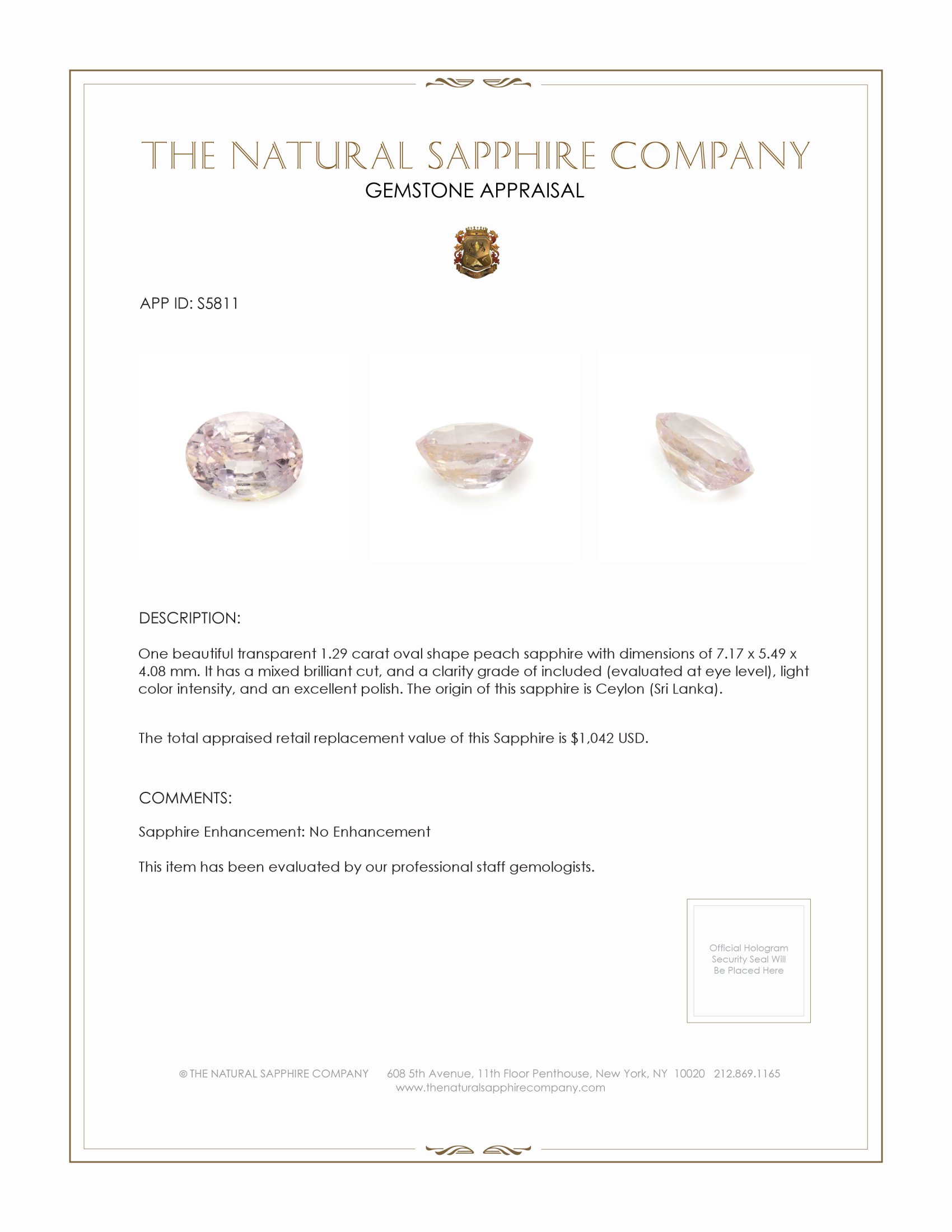 1.29 Ct. Peach Sapphire from Ceylon (Sri Lanka)