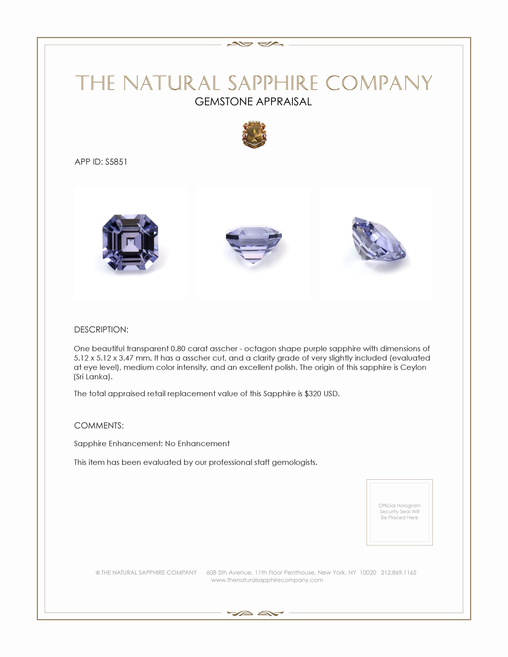 0.80 Ct. Purple Sapphire from Ceylon (Sri Lanka)