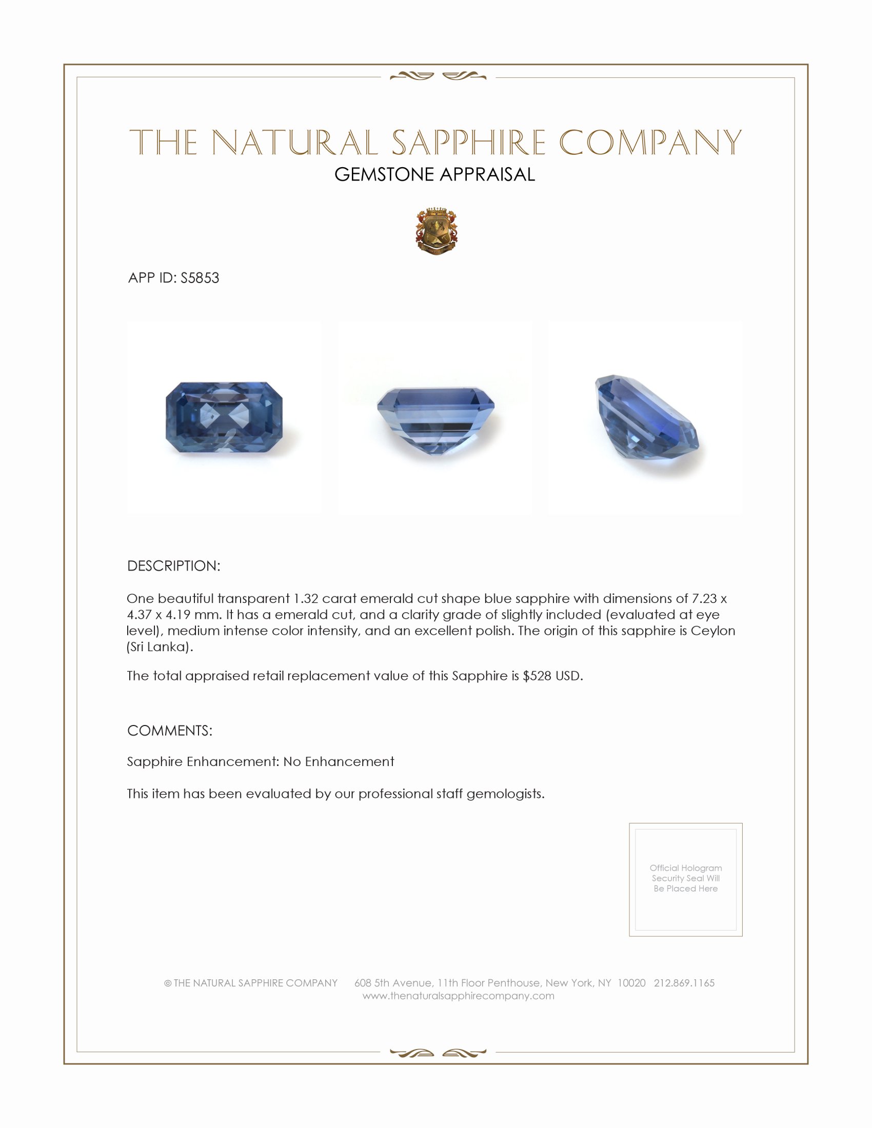 1.32 Ct. Blue Sapphire from Ceylon (Sri Lanka)