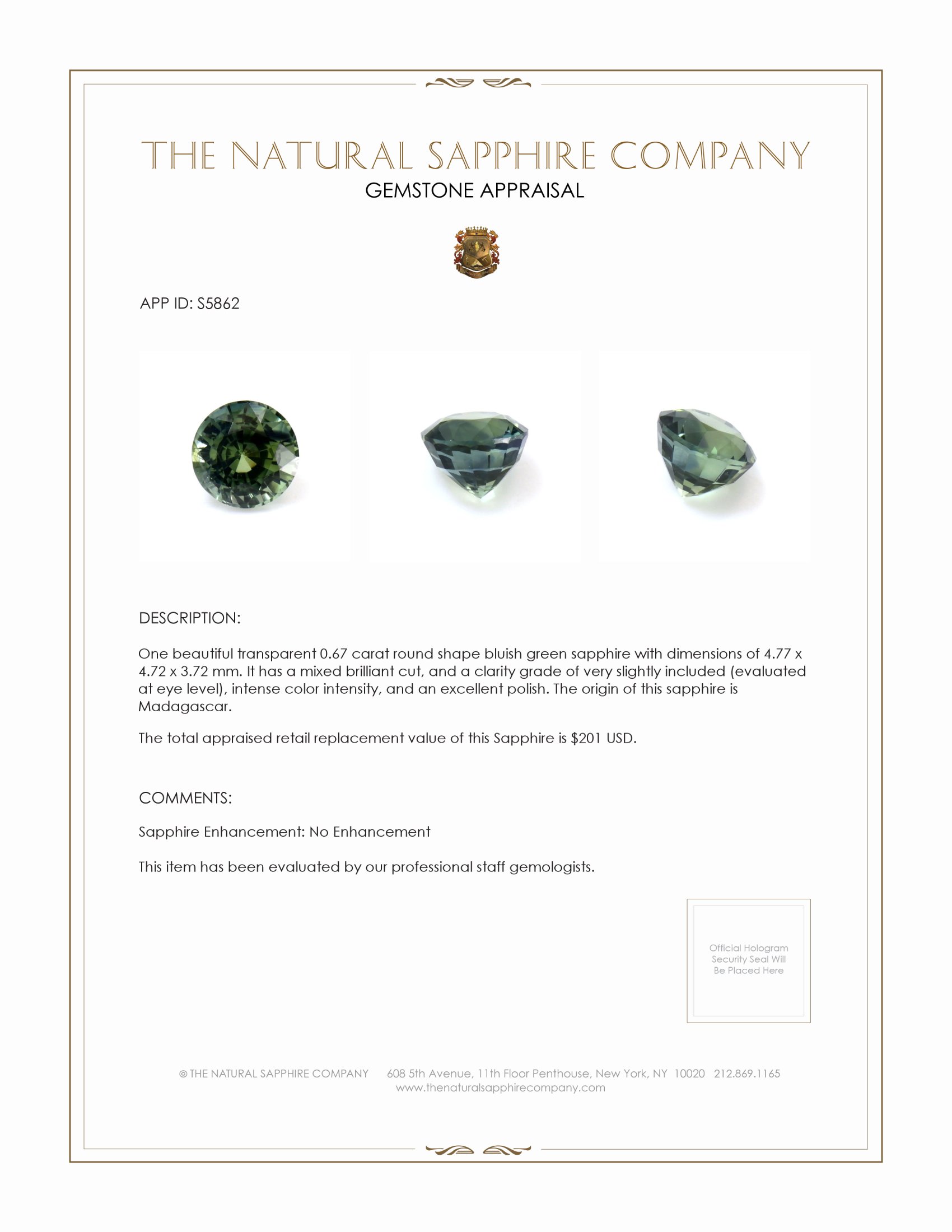 0.67 Ct. Bluish Green Sapphire from Madagascar