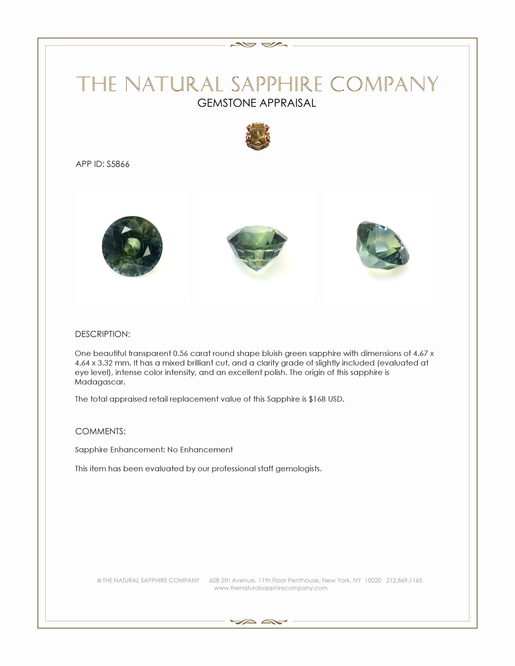 0.56 Ct. Bluish Green Sapphire from Madagascar