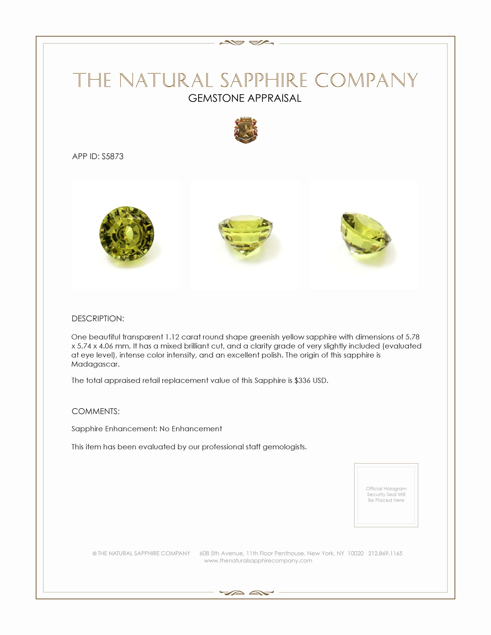 1.12 Ct. Greenish Yellow Sapphire from Madagascar