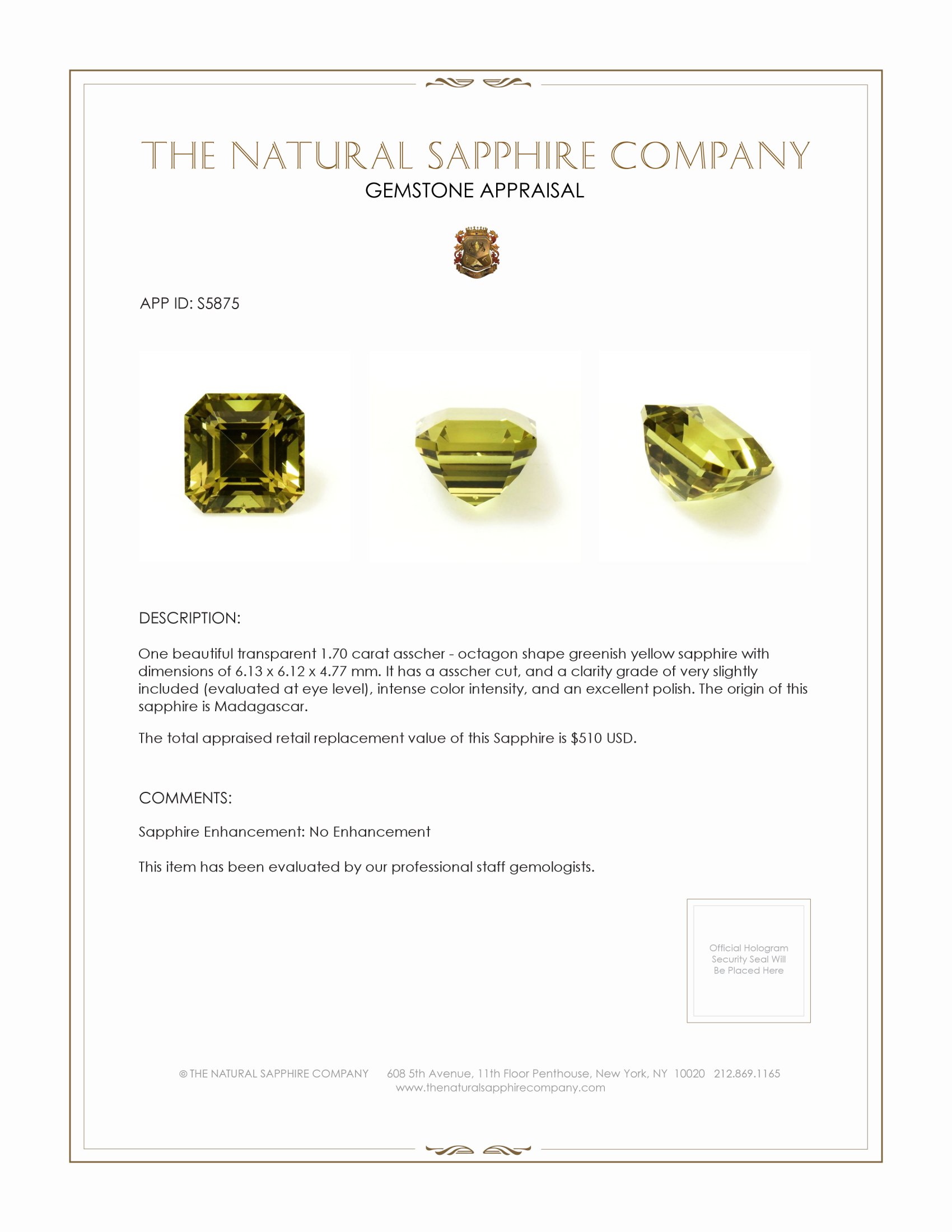 1.70 Ct. Greenish Yellow Sapphire from Madagascar