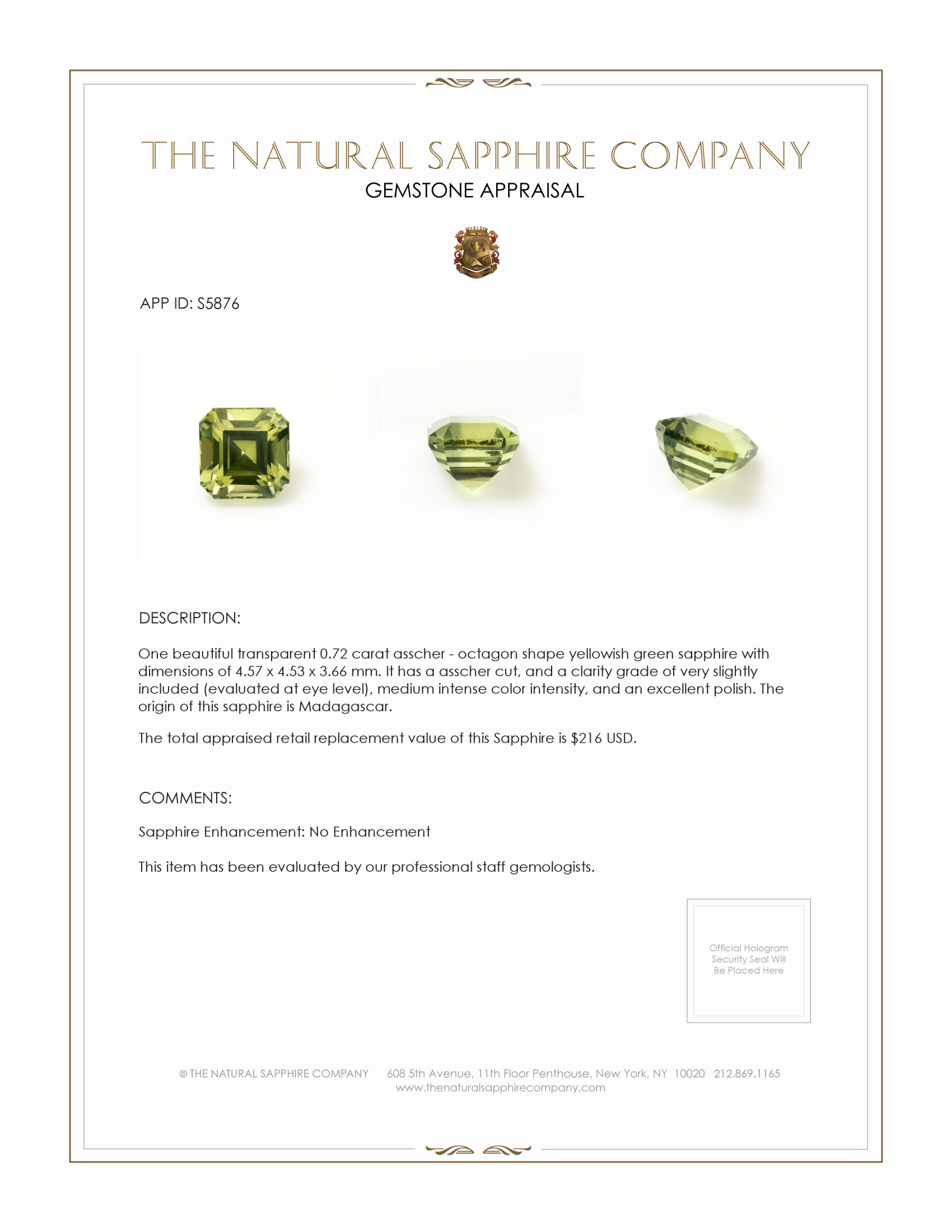 0.72 Ct. Yellowish Green Sapphire from Madagascar
