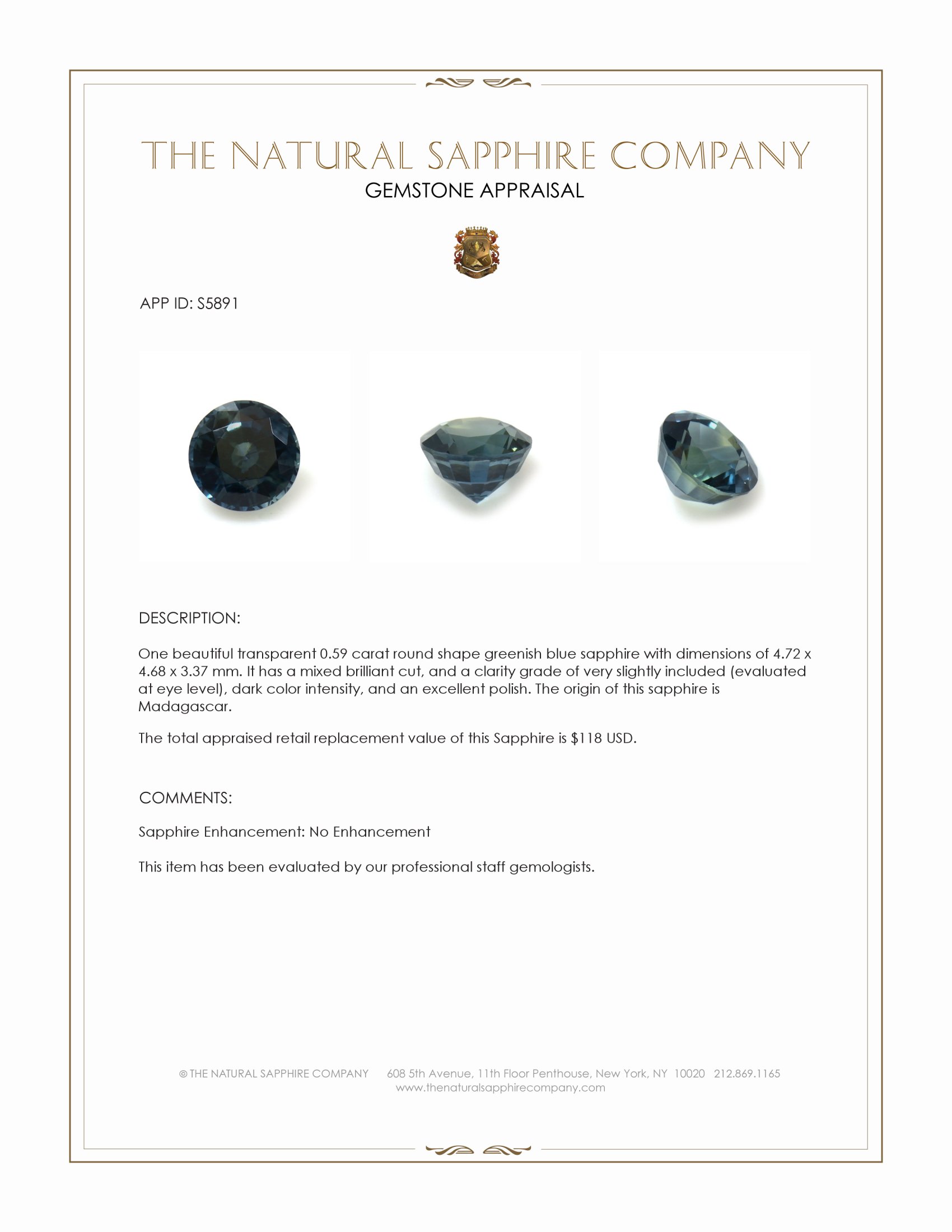 0.59 Ct. Greenish Blue Sapphire from Madagascar