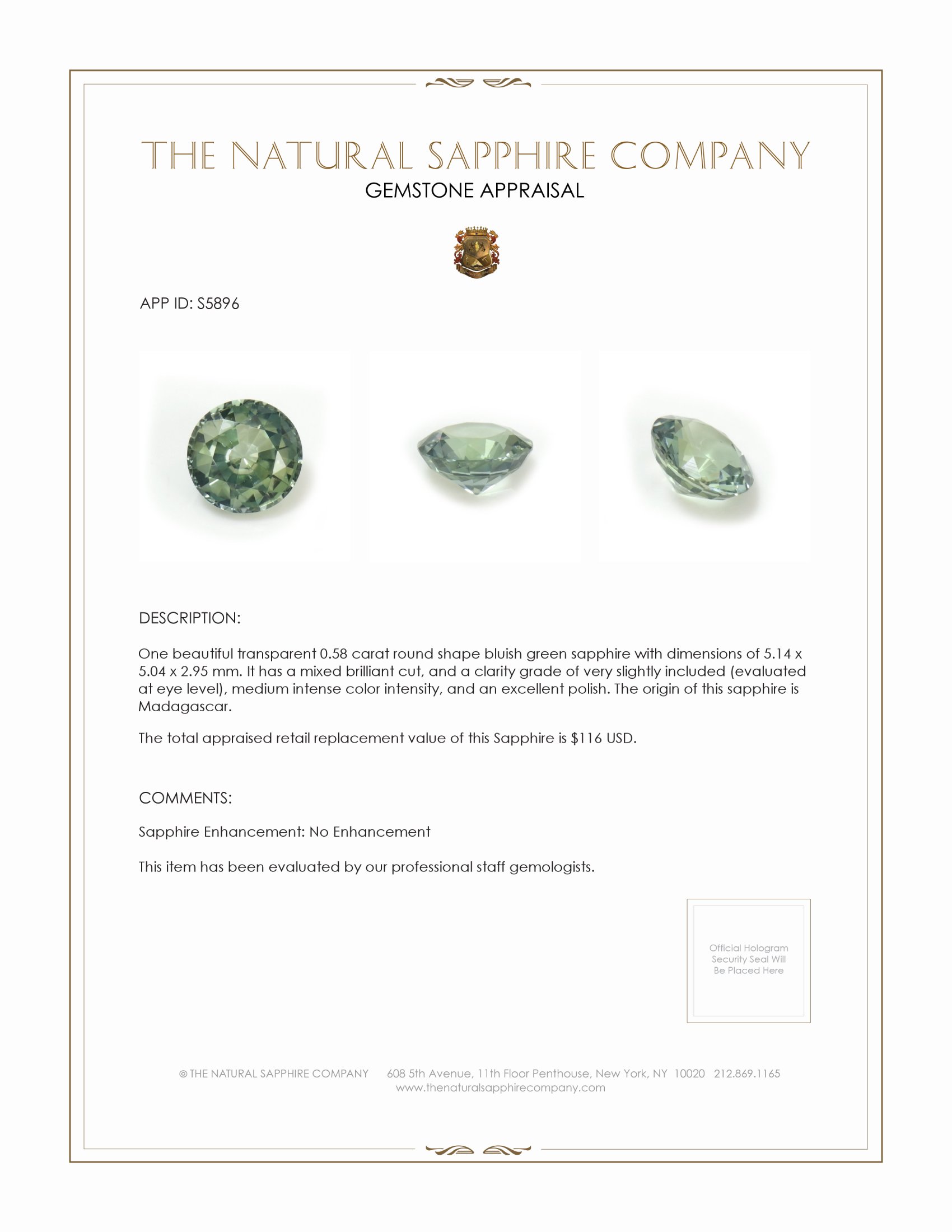 0.58 Ct. Bluish Green Sapphire from Madagascar