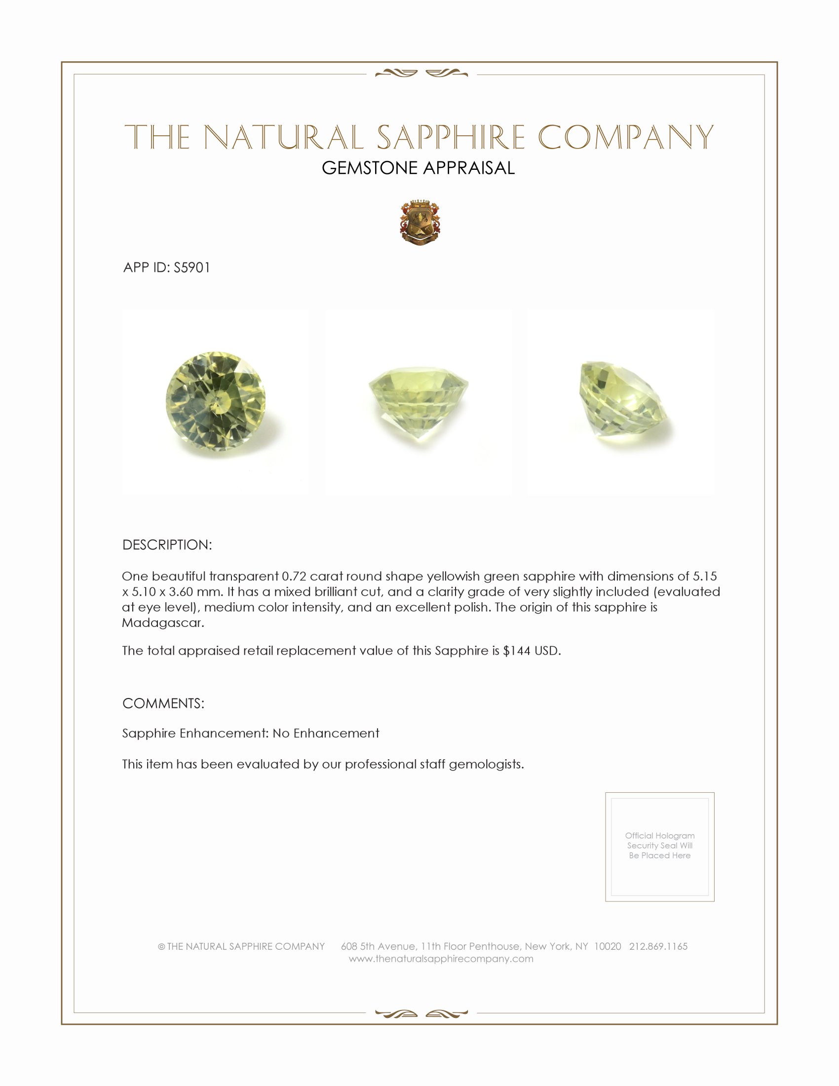 0.72 Ct. Yellowish Green Sapphire from Madagascar