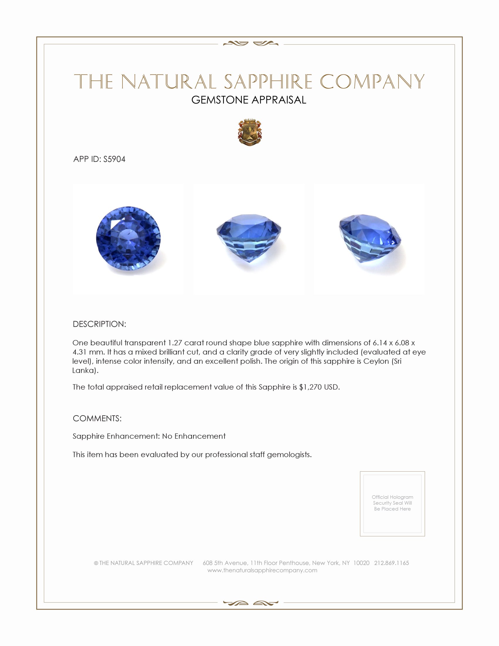 1.27 Ct. Blue Sapphire from Ceylon (Sri Lanka)