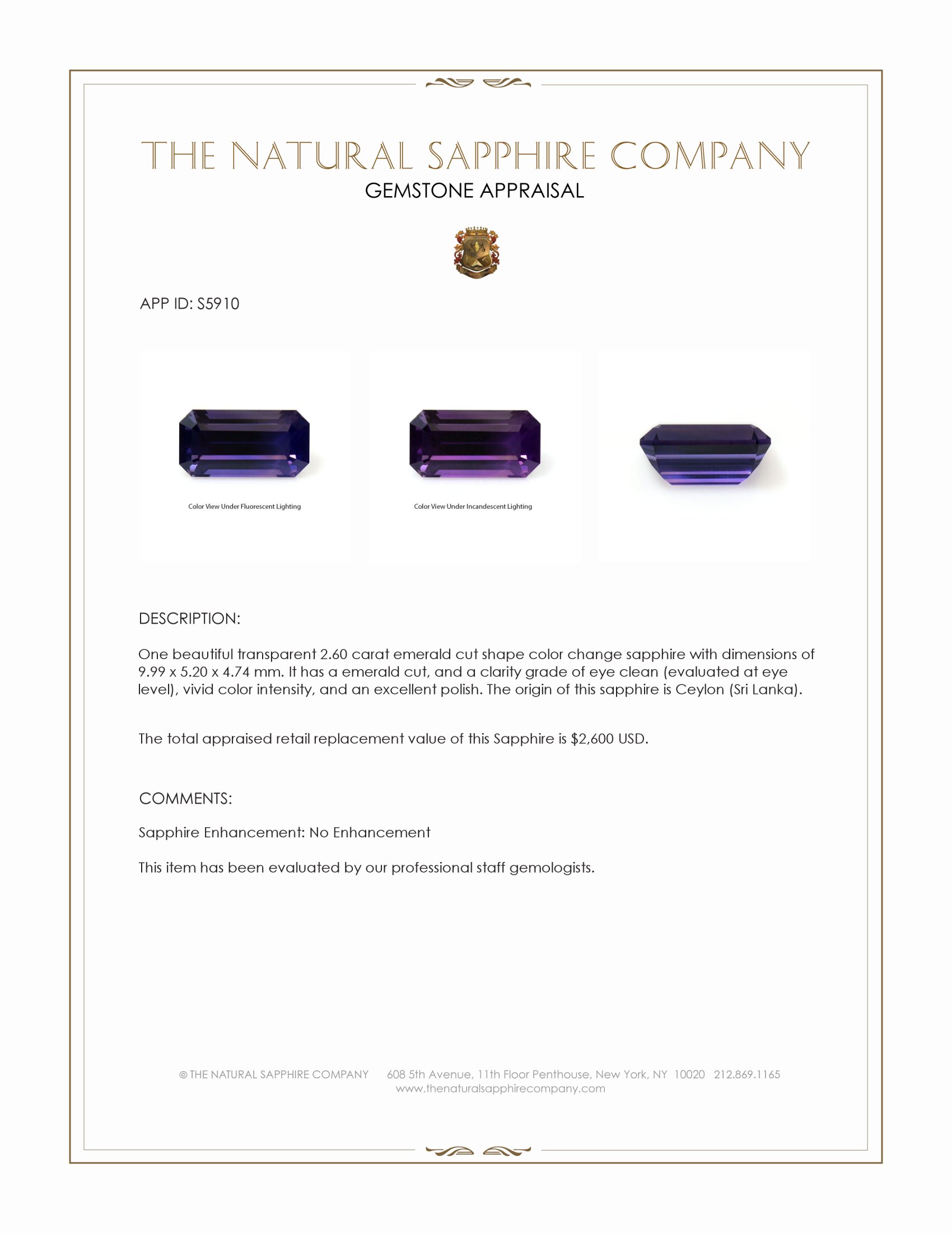 2.60 Ct. Color Change Sapphire from Ceylon (Sri Lanka)