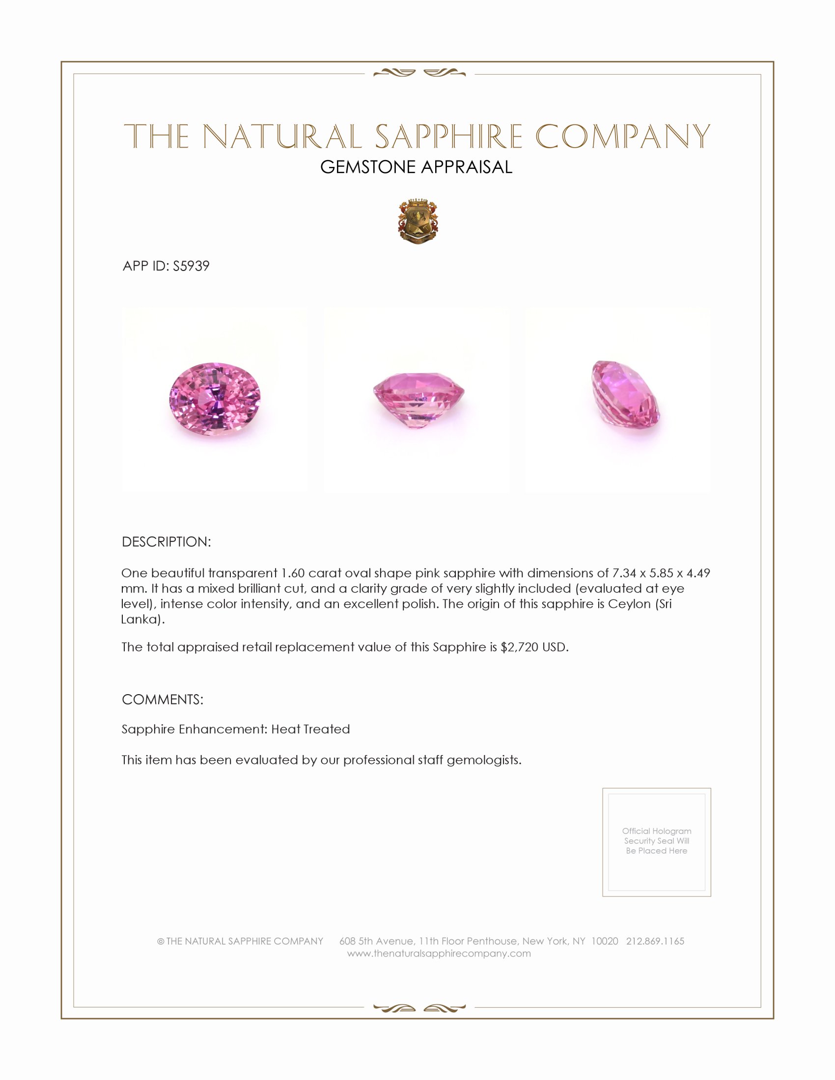1.60 Ct. Pink Sapphire from Ceylon (Sri Lanka)
