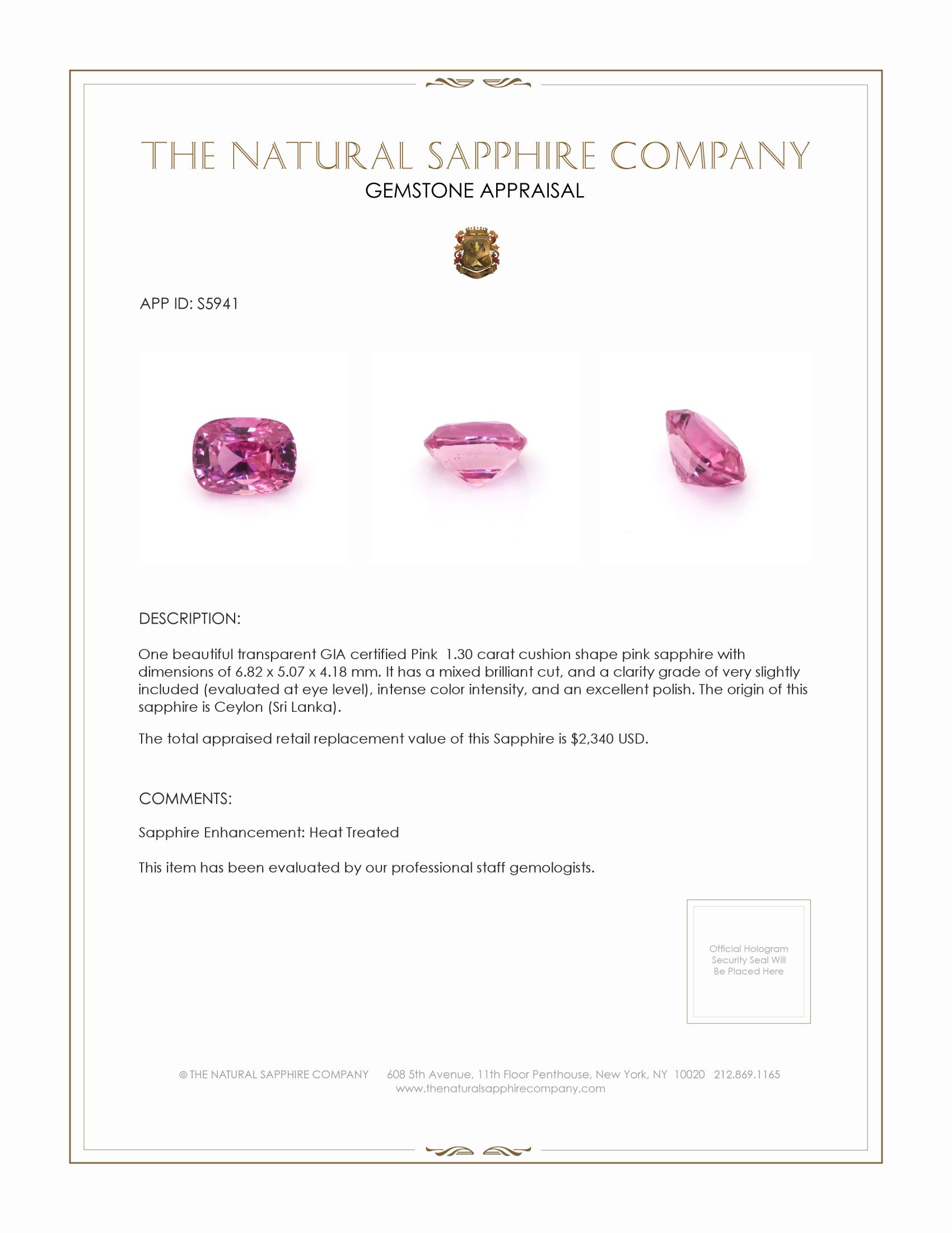 1.30 Ct. Purplish Pink Sapphire from Ceylon (Sri Lanka)