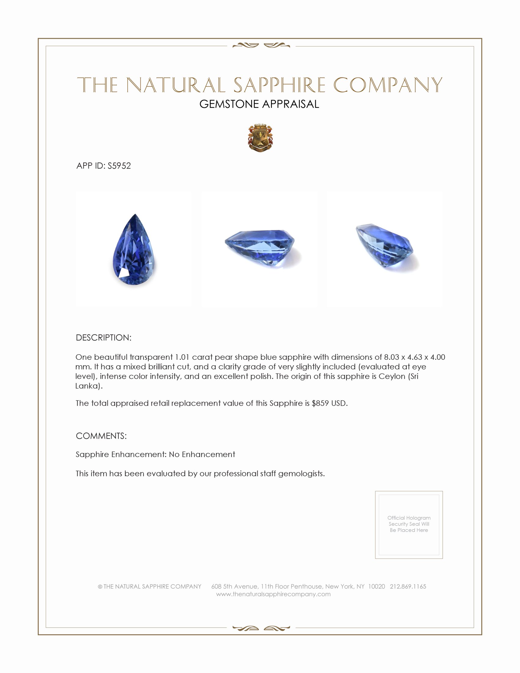 1.01 Ct. Blue Sapphire from Ceylon (Sri Lanka)