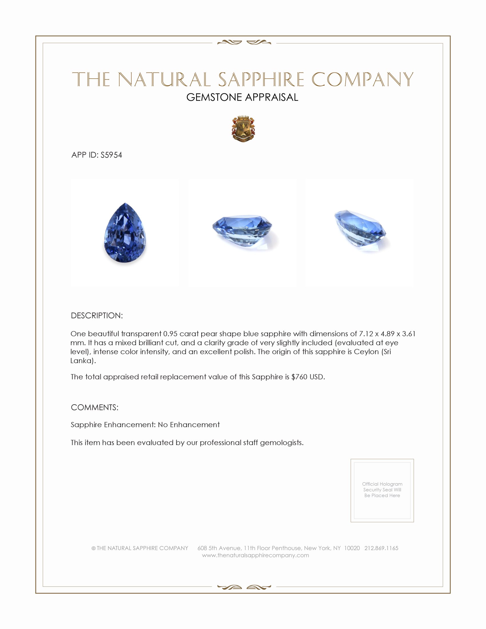 0.95 Ct. Blue Sapphire from Ceylon (Sri Lanka)