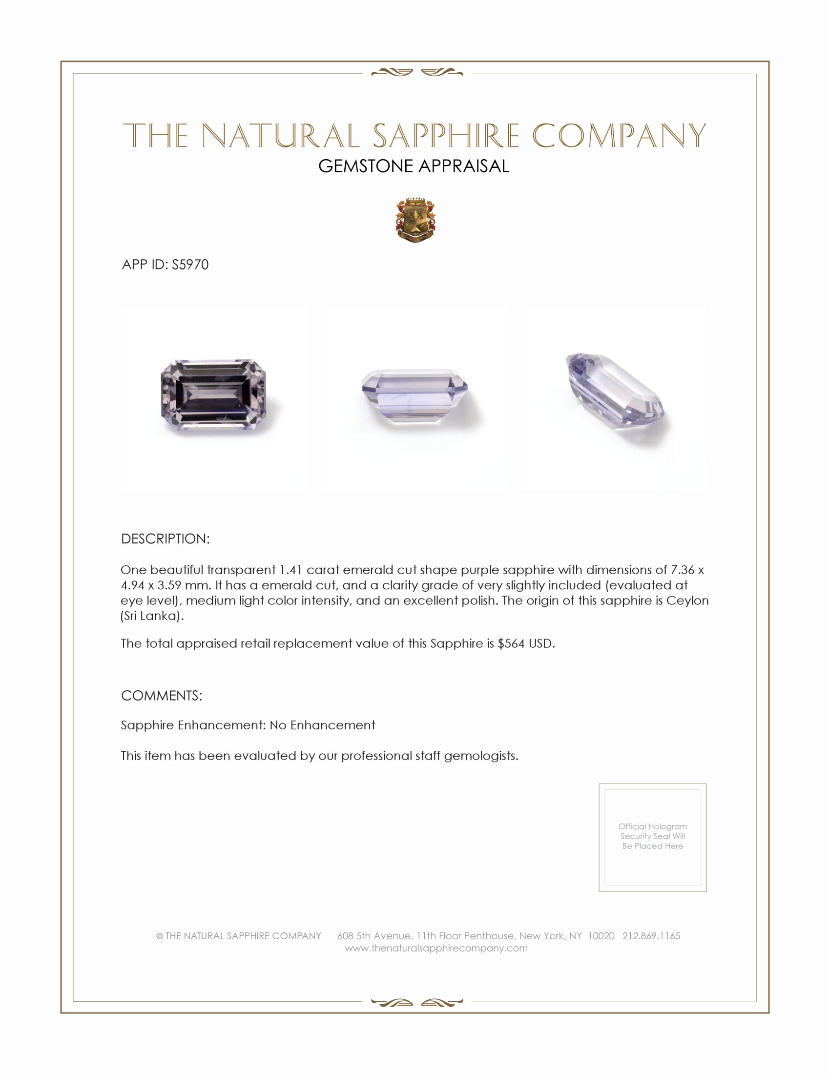 1.41 Ct. Purple Sapphire from Ceylon (Sri Lanka)