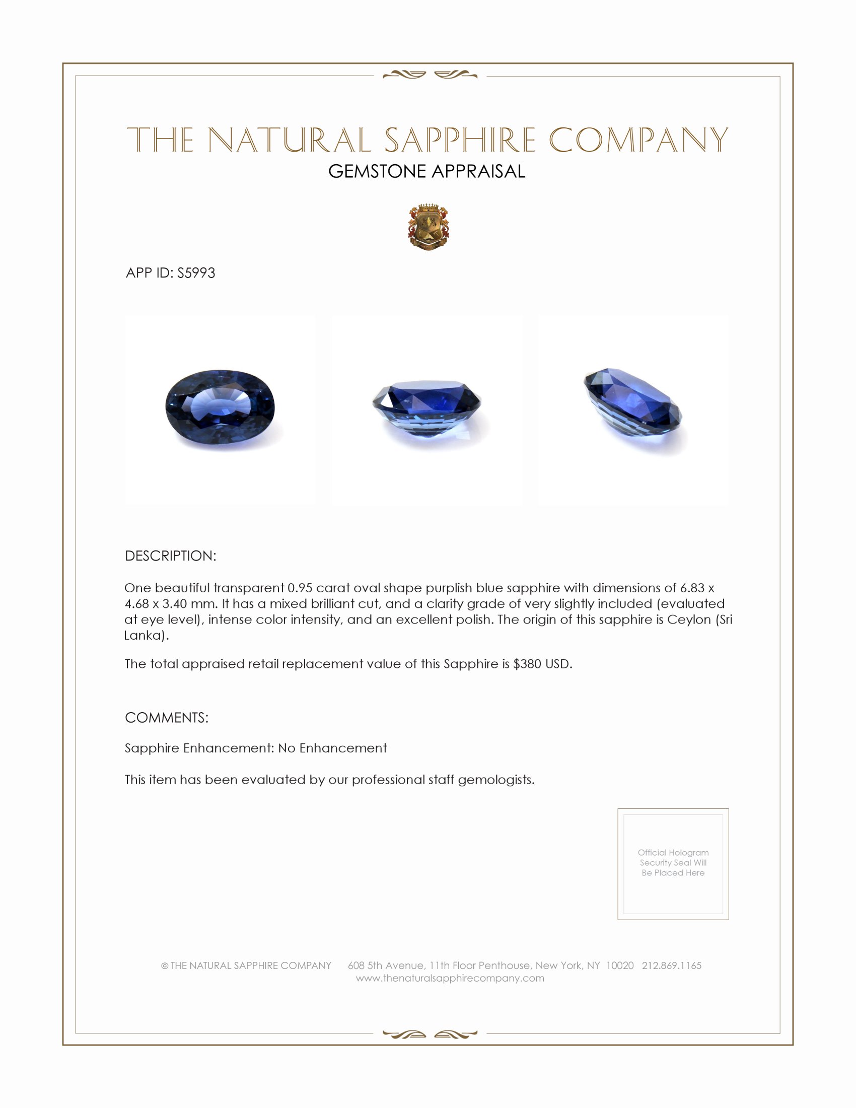 0.95 Ct. Purplish Blue Sapphire from Ceylon (Sri Lanka)