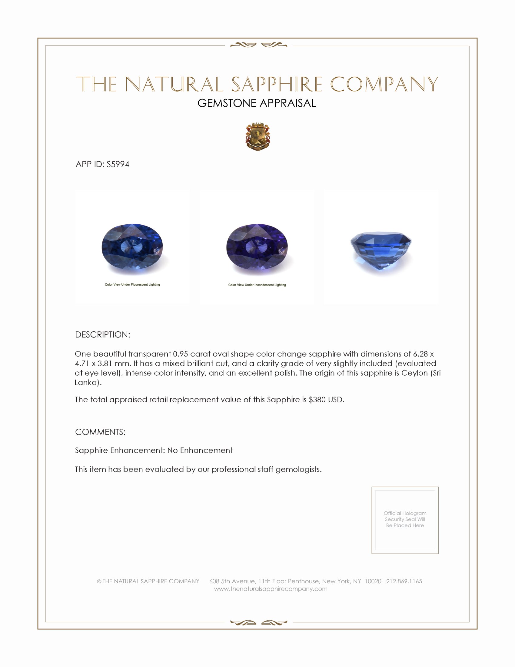 0.95 Ct. Color Change Sapphire from Ceylon (Sri Lanka)