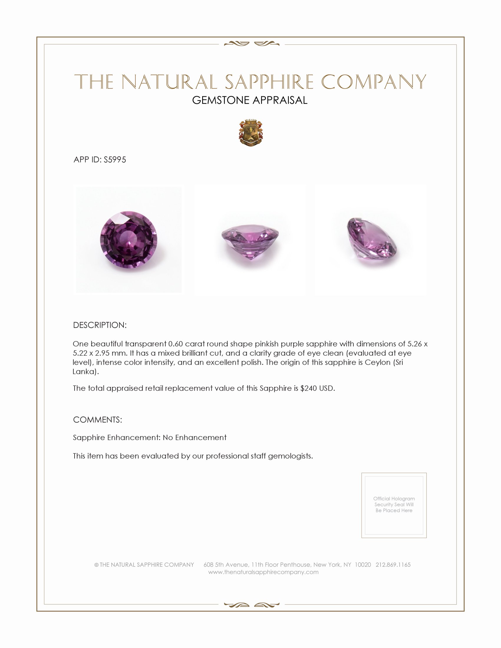 0.60 Ct. Pinkish Purple Sapphire from Ceylon (Sri Lanka)