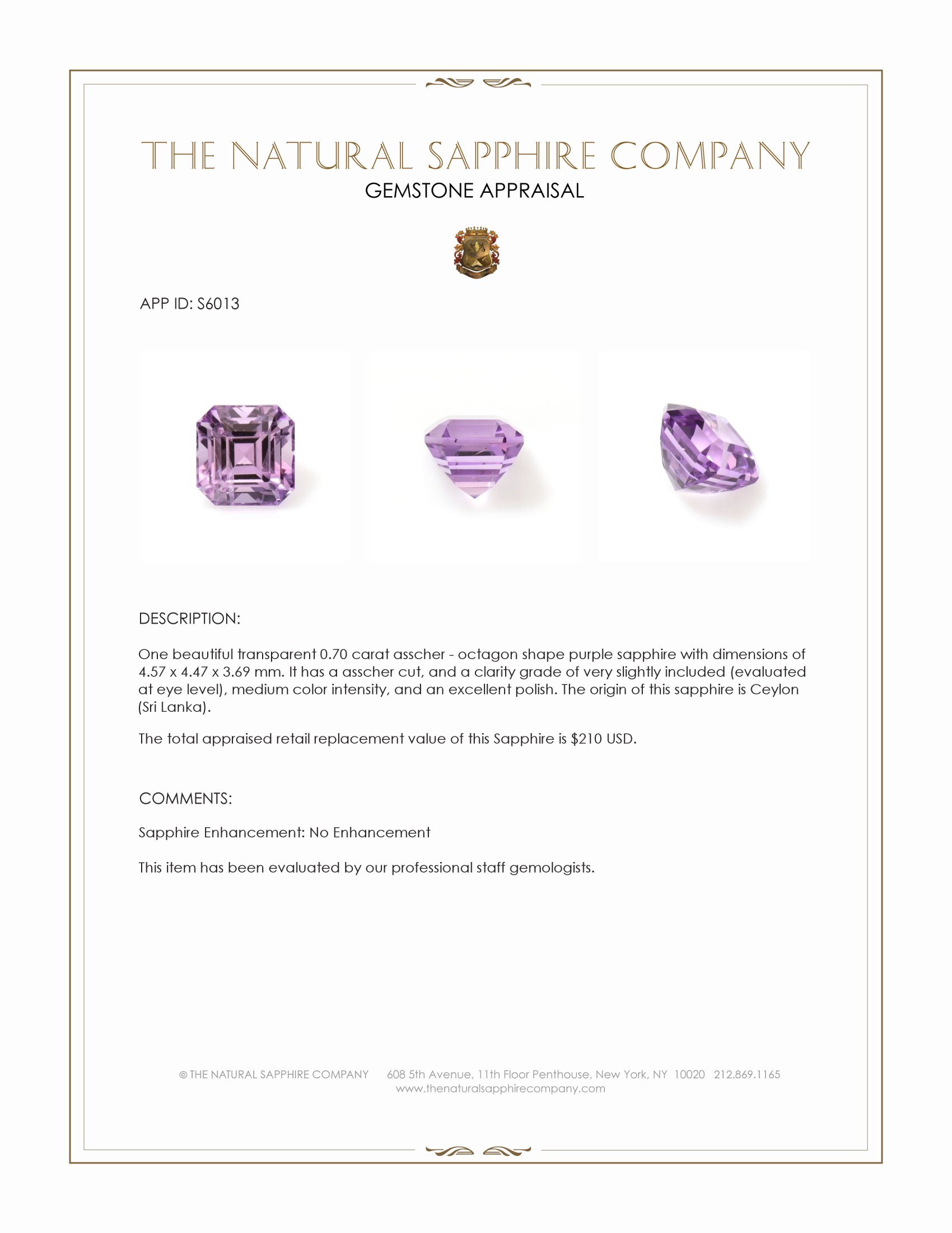 0.70 Ct. Purple Sapphire from Ceylon (Sri Lanka)