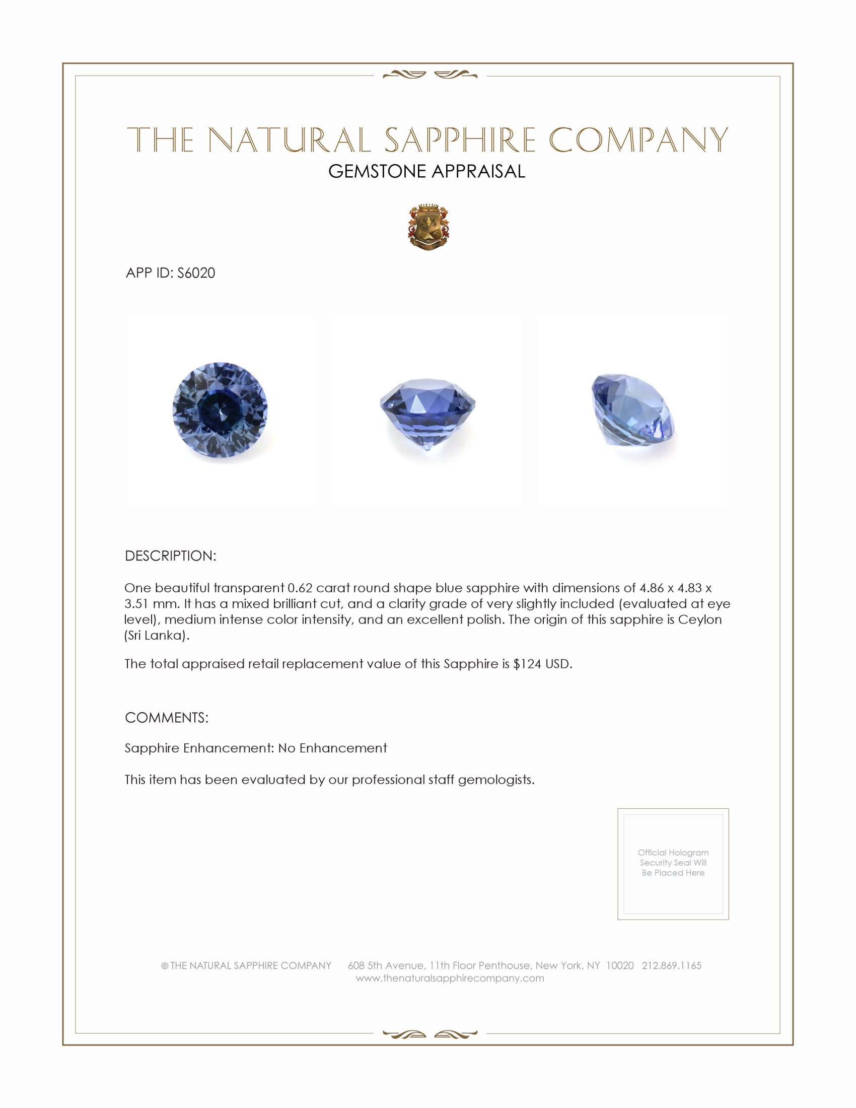 0.62 Ct. Blue Sapphire from Ceylon (Sri Lanka)