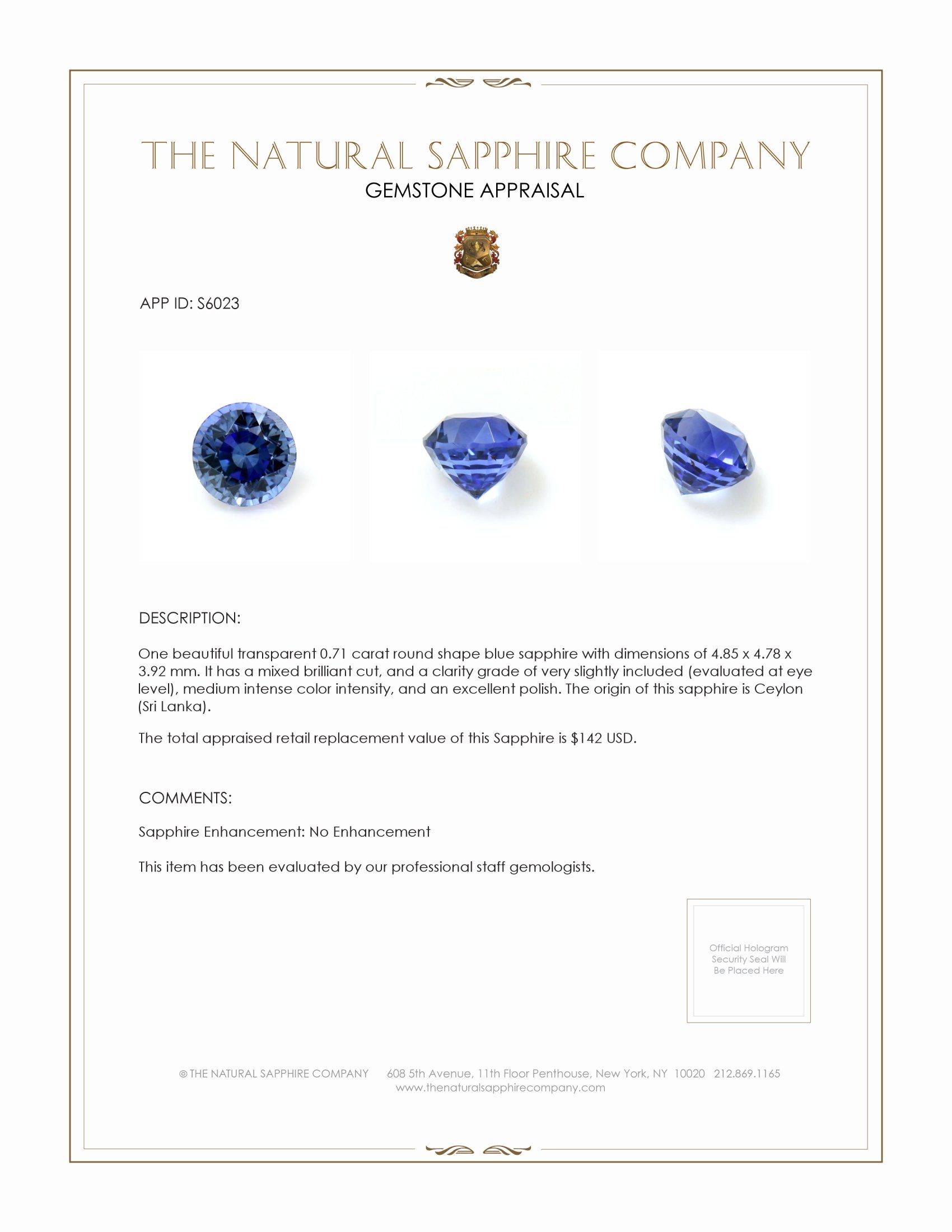 0.71 Ct. Blue Sapphire from Ceylon (Sri Lanka)