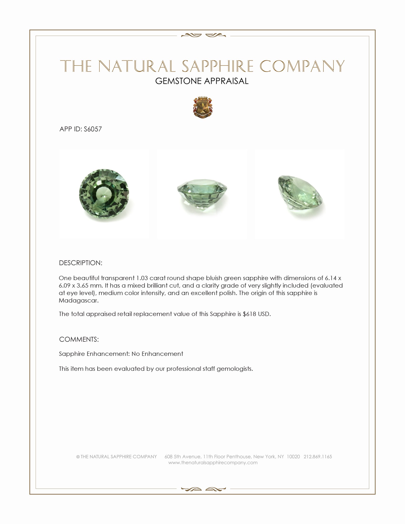 1.03 Ct. Bluish Green Sapphire from Madagascar