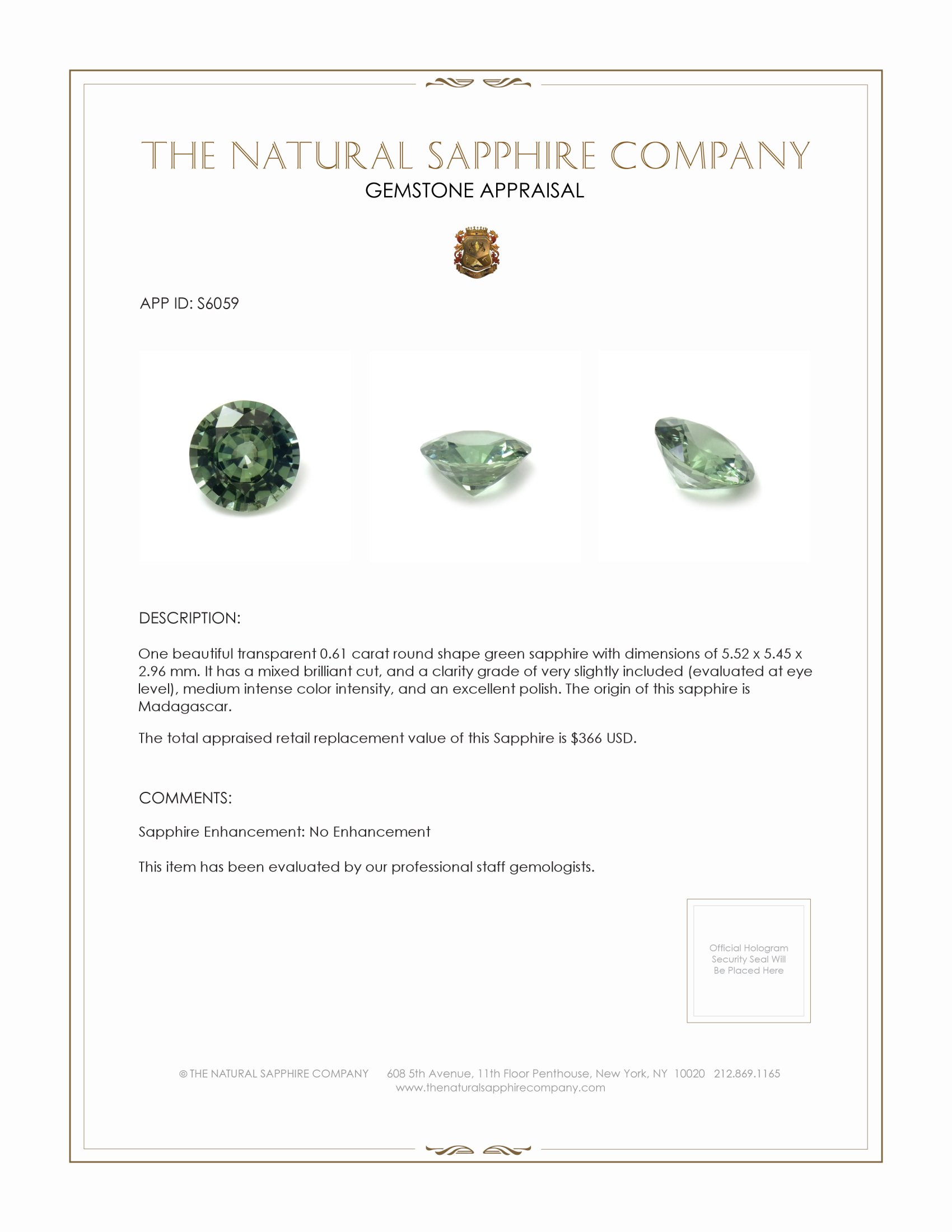 0.61 Ct. Green Sapphire from Madagascar