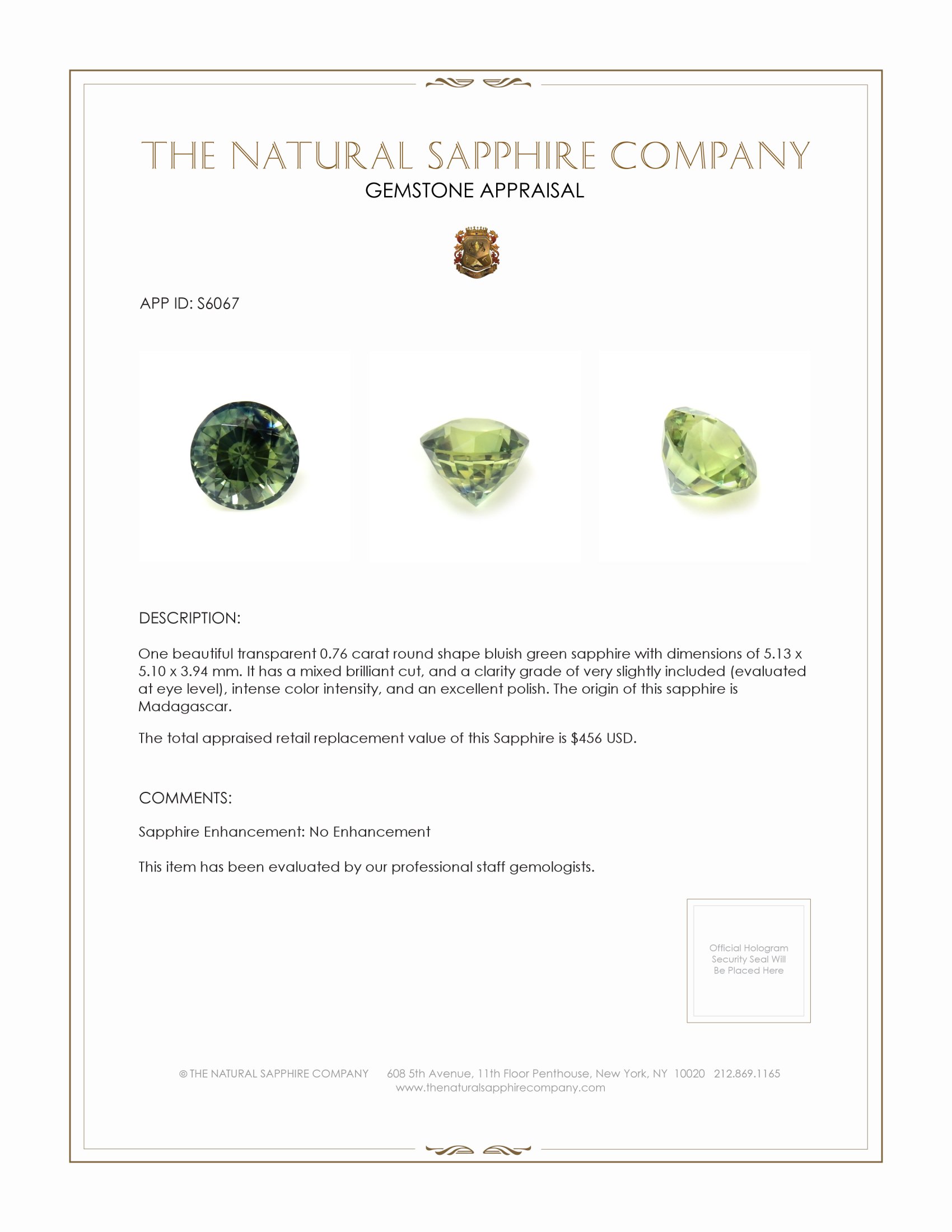 0.76 Ct. Bluish Green Sapphire from Madagascar