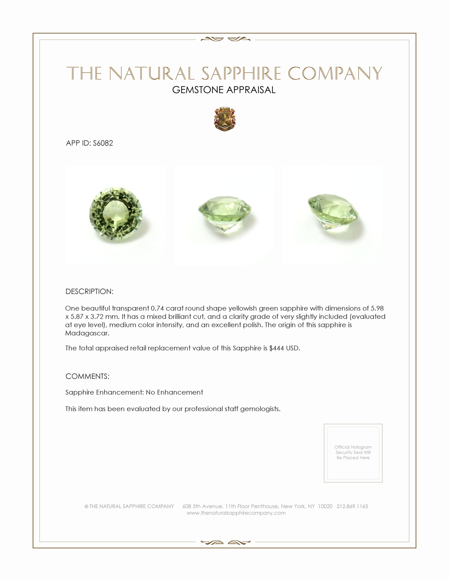 0.74 Ct. Yellowish Green Sapphire from Madagascar