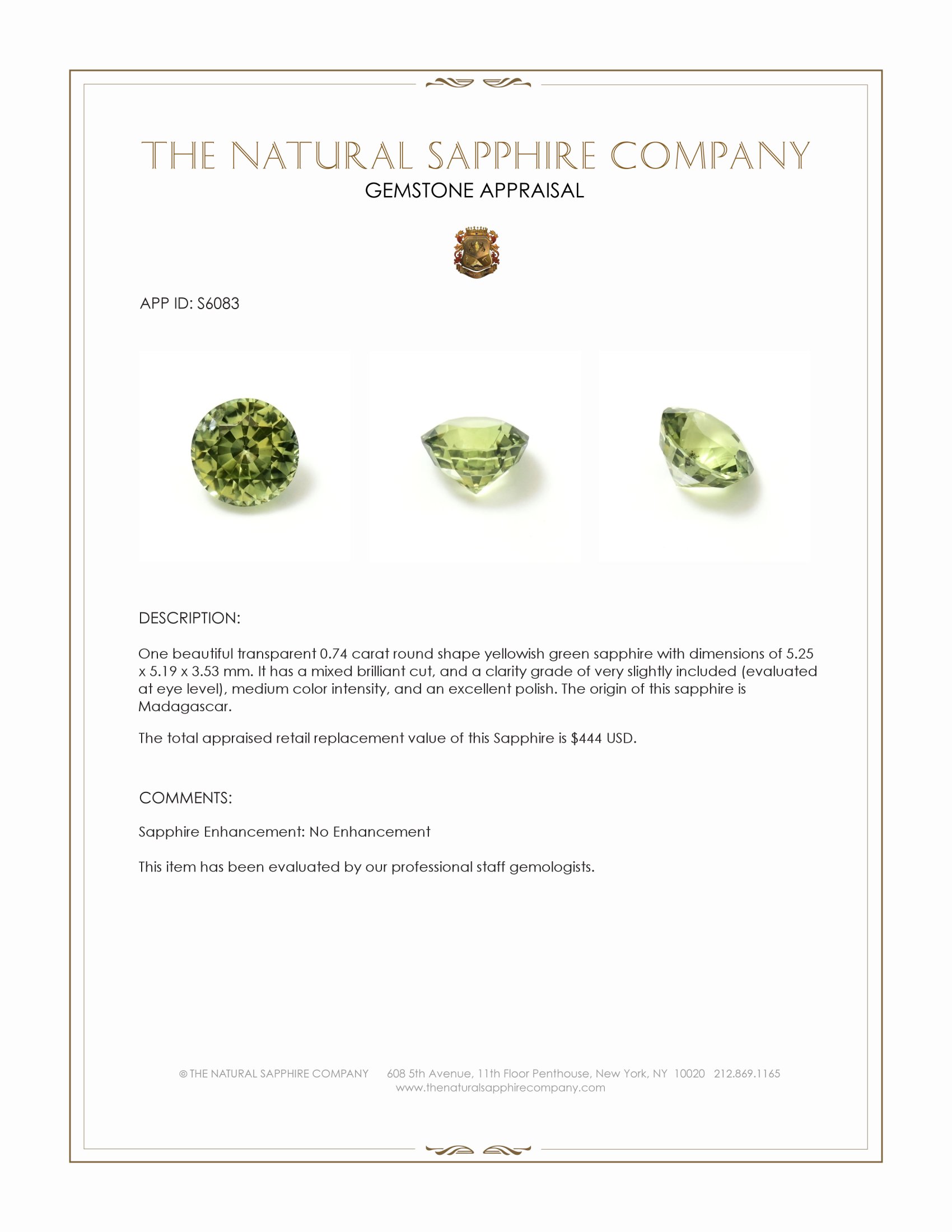 0.74 Ct. Yellowish Green Sapphire from Madagascar