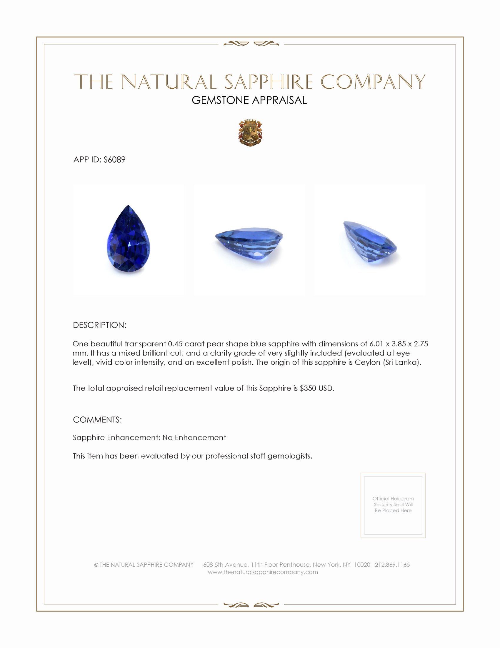 0.45 Ct. Blue Sapphire from Ceylon (Sri Lanka)