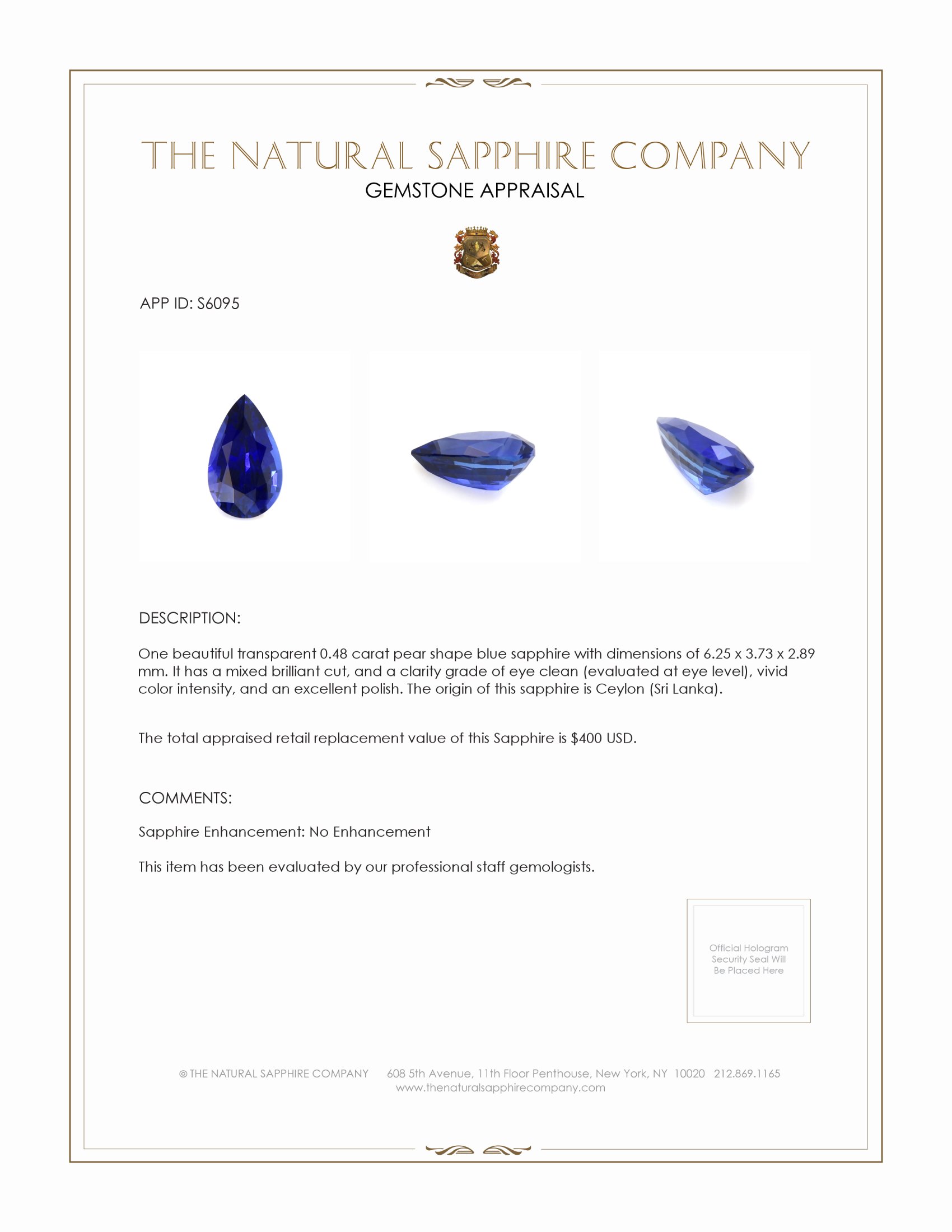 0.48 Ct. Blue Sapphire from Ceylon (Sri Lanka)